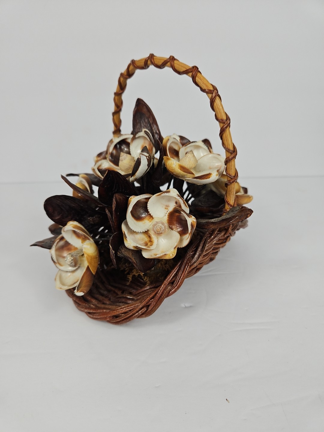 Seashell Art Floral Arrangement In Basket BOHO Vintage handmade decor 6 1/2″tall