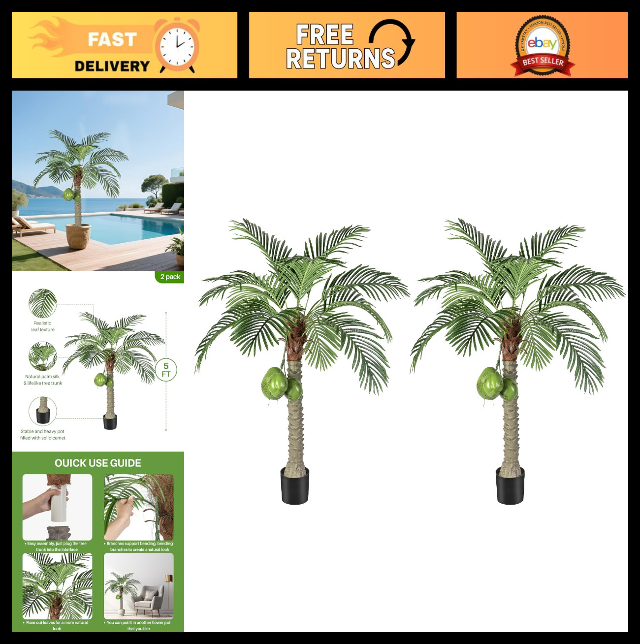 Large 5FT Artificial Phoenix Palm Tree – Faux Coconut Silk Tropical Plant for In
