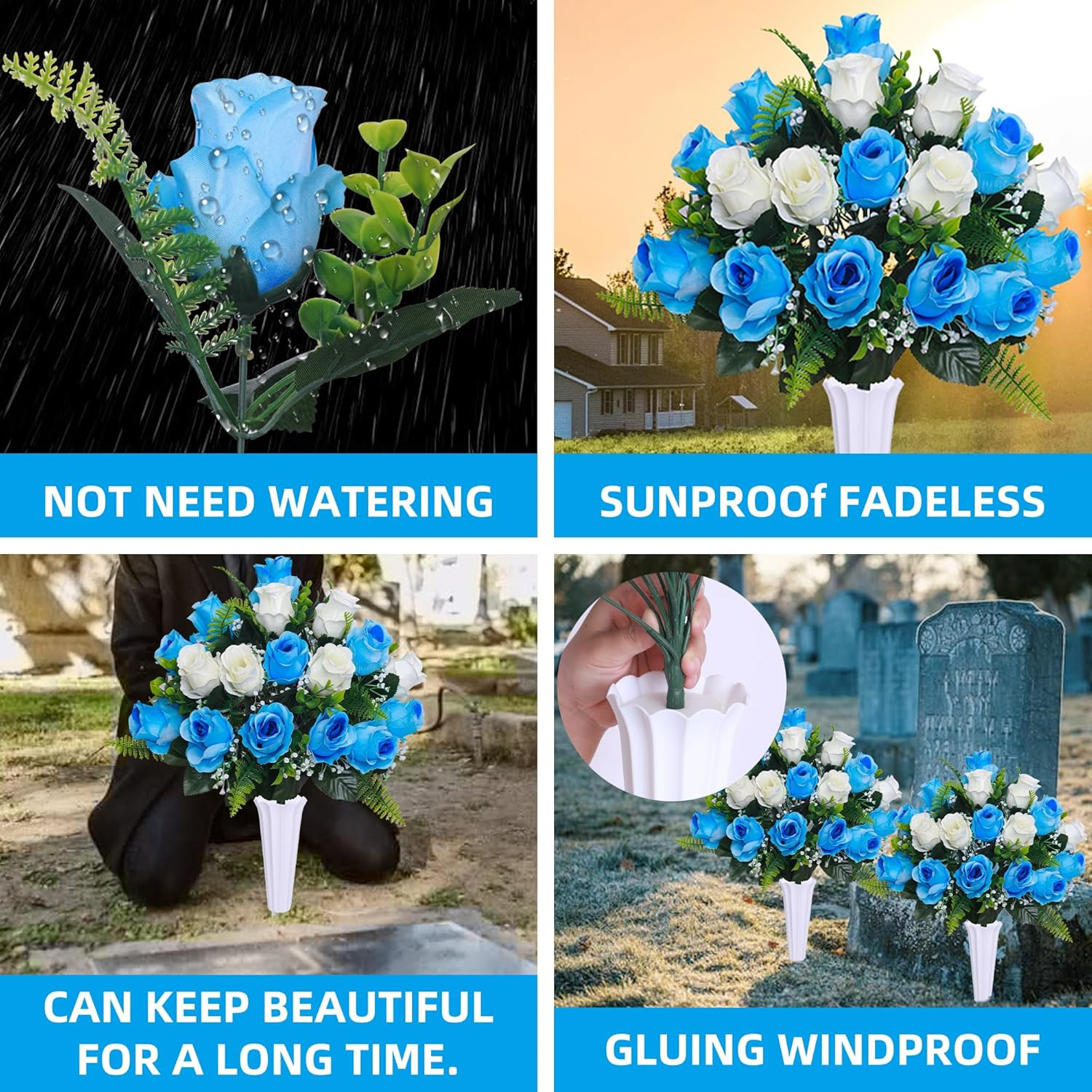 Set of 2 Artificial Cemetery Flowers with Vase,Grave Memorial Flowers,Artificial