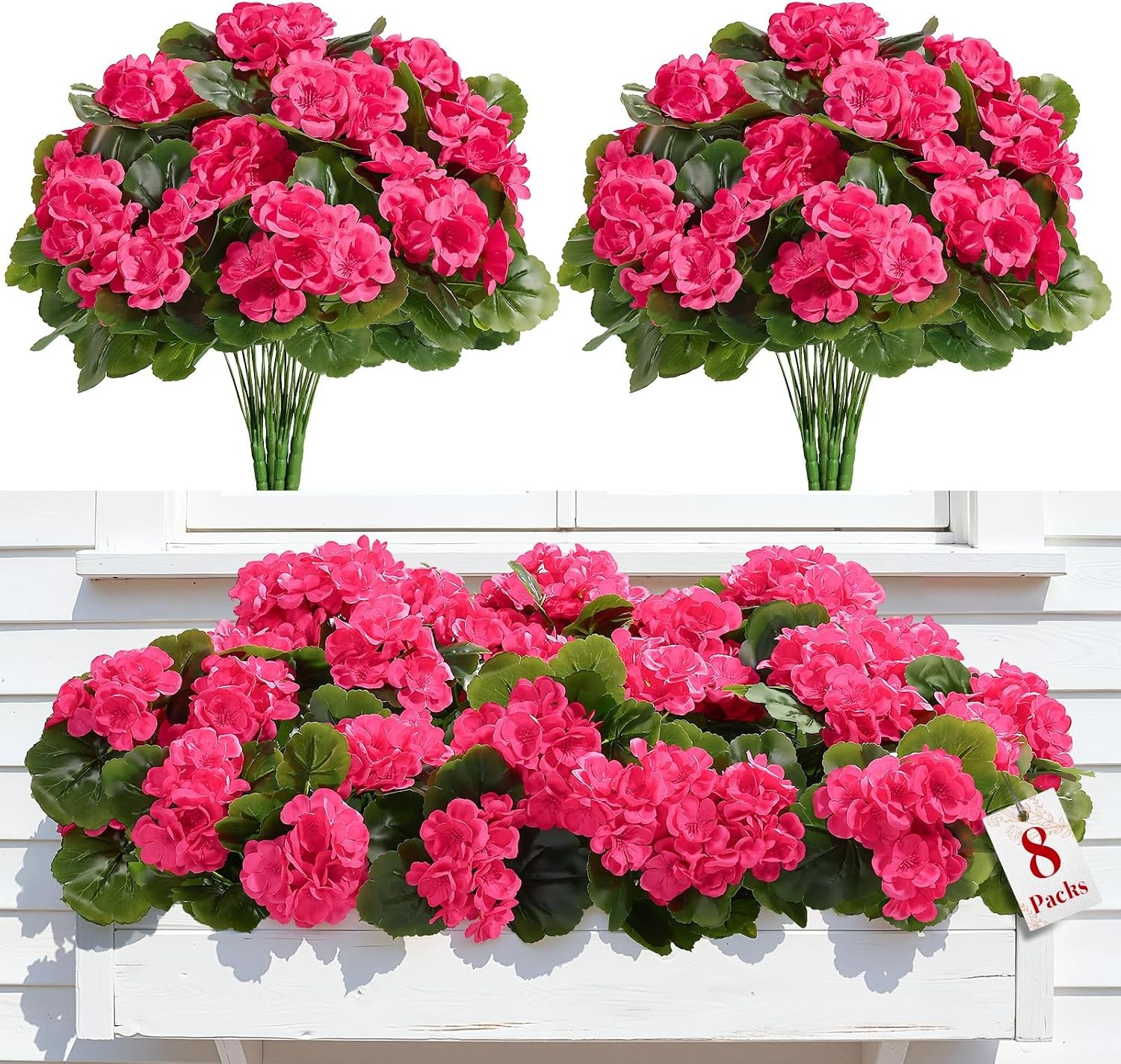 8 Pcs Artificial Geranium Flowers, UV Resistant Silk Faux Outdoor Decor