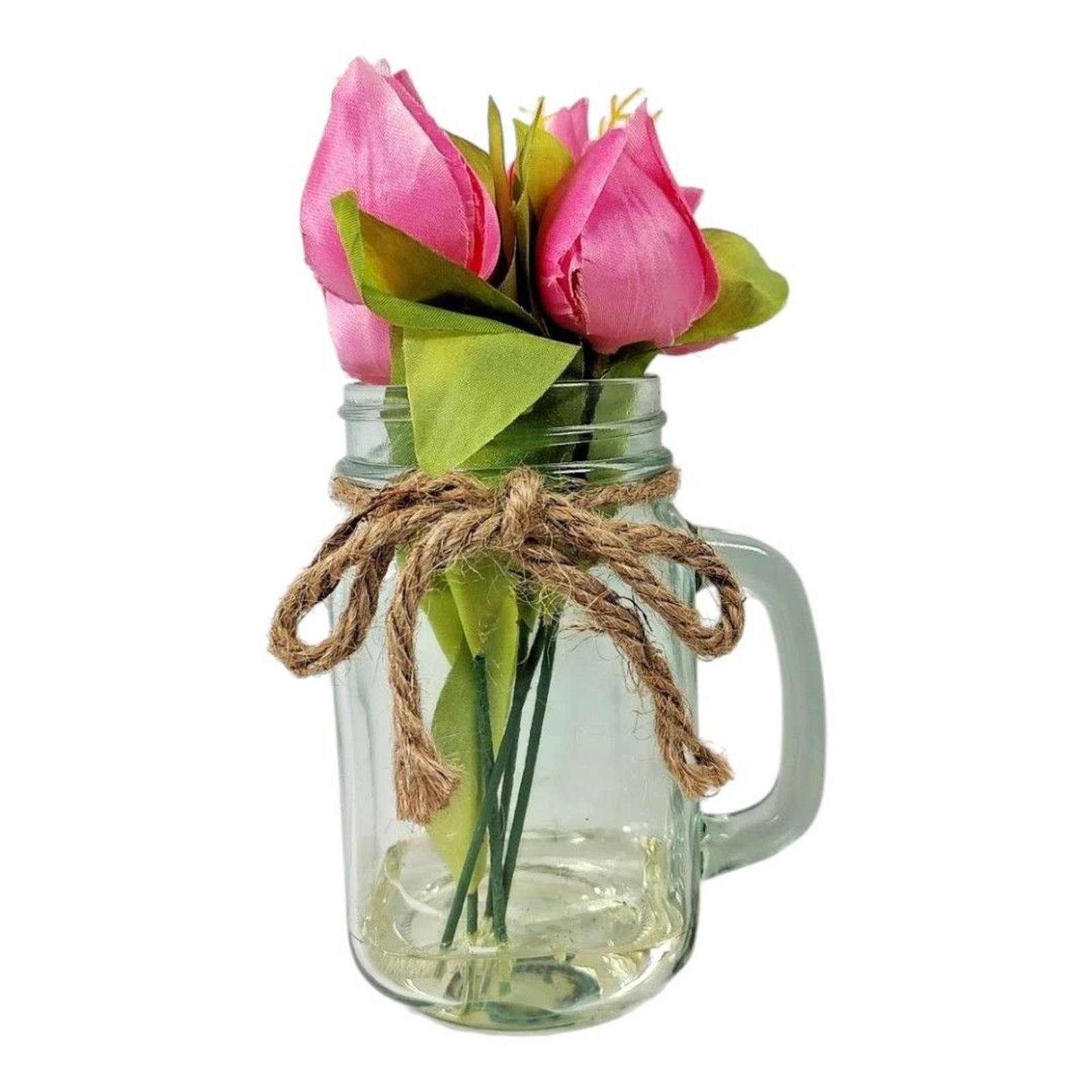 Artificial Flower Market Bouquet Arrangement Mason Jar Vase Glass w/ Handle New