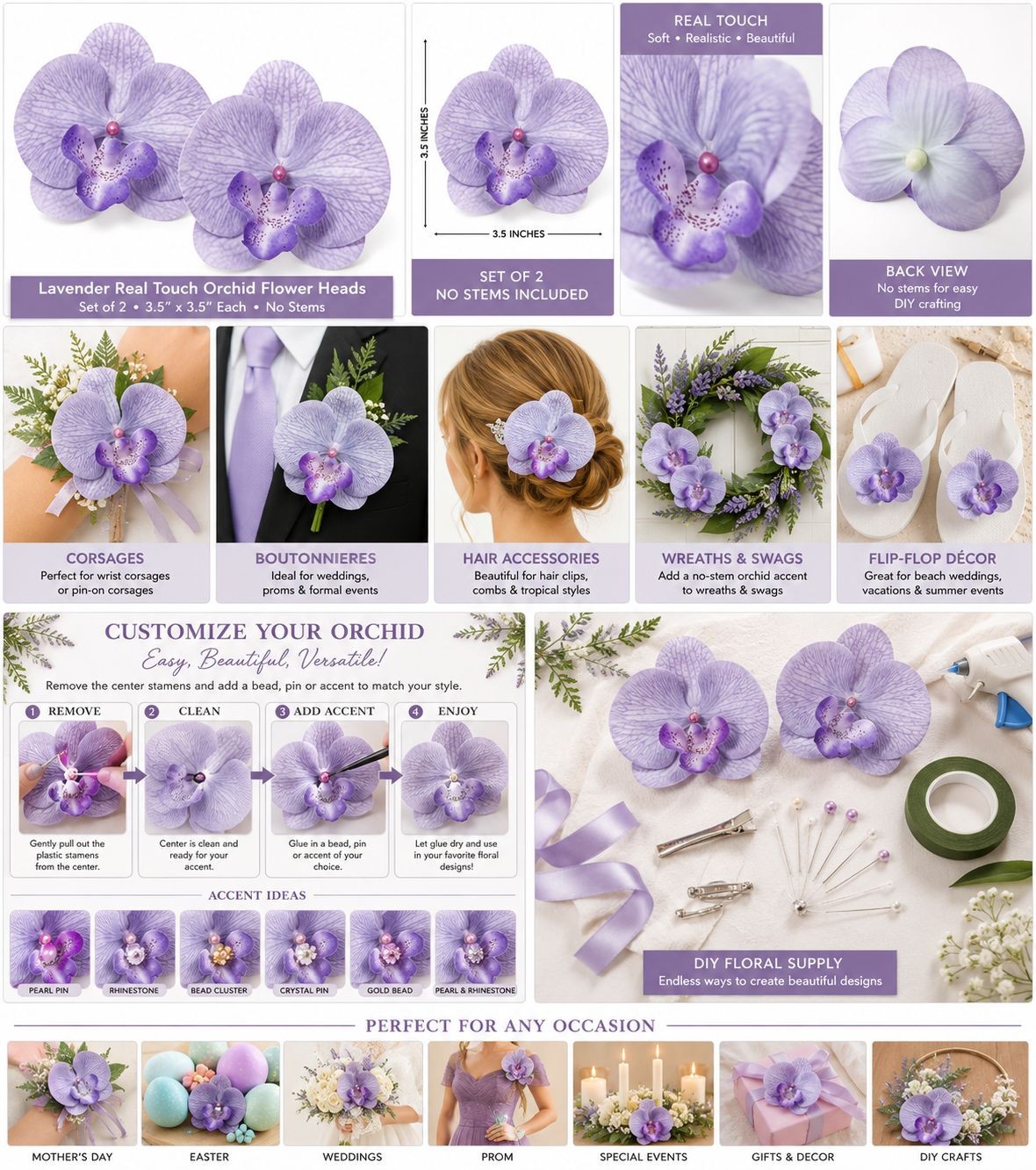 Set of 2 Lavender Purple Orchid Flower Heads 3.5 Inch Faux Floral Corsage Craft