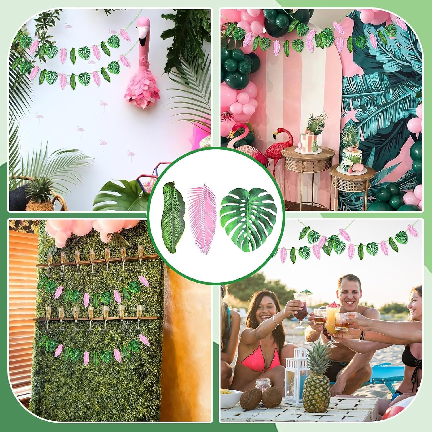 24 Pcs 8.5 Ft Artificial Tropical Palm Leaves Garland – Pink Green Monstera Leav