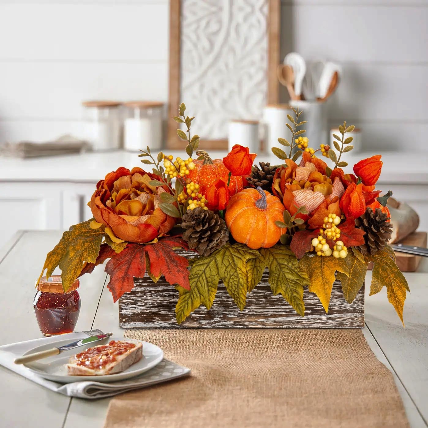 Fall Decor Autumn Harvest Pumpkins Centerpiece – Artificial Peony Maple Leaf and