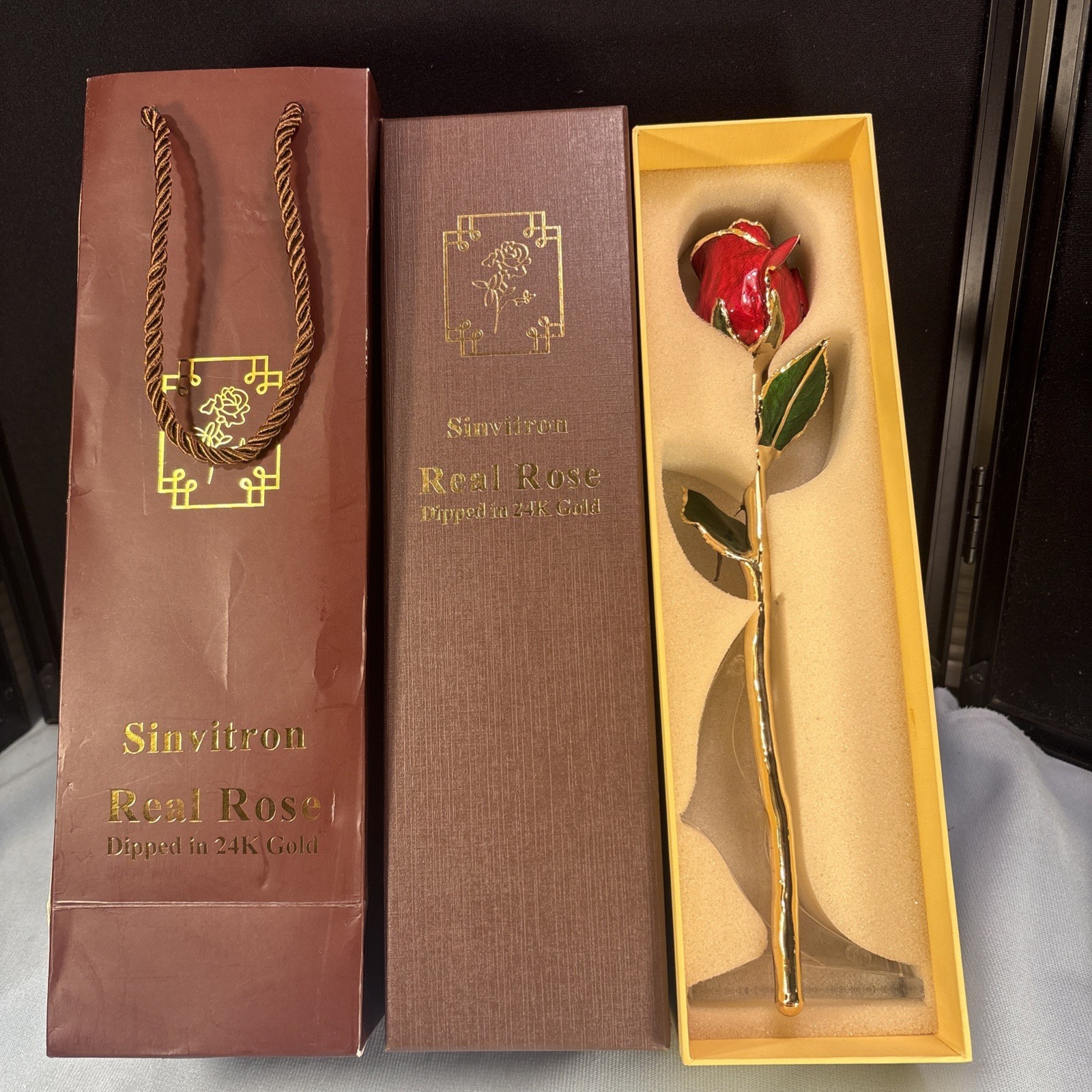 Sinvitron Gold Dipped Rose 24K Real Rose Long Stem Gold Plated Rose w/ Stand