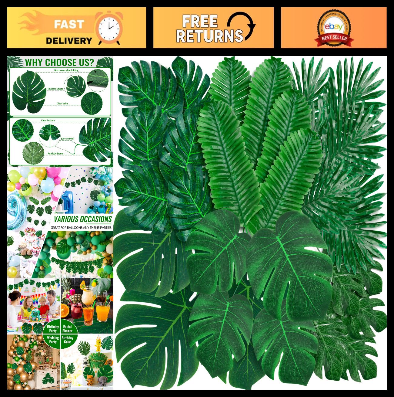 110 Pcs Tropical Palm Leaves – Fake Monstera & Greenery for Luau, Jungle, Weddin