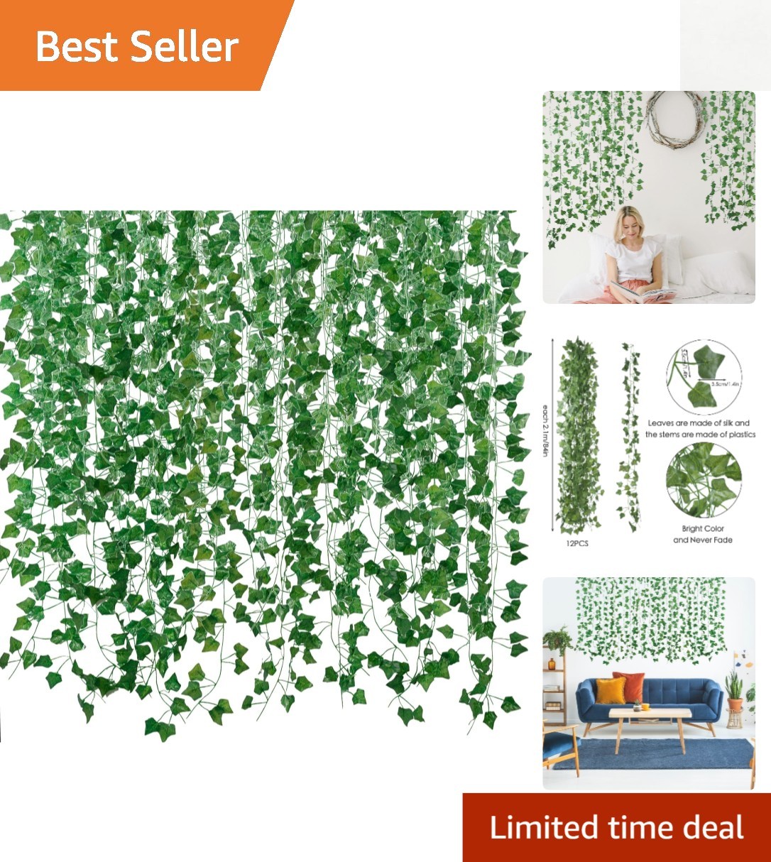Artificial Ivy Leaves Set: 12pcs @ 84 Feet – Versatile Indoor/Outdoor Decor