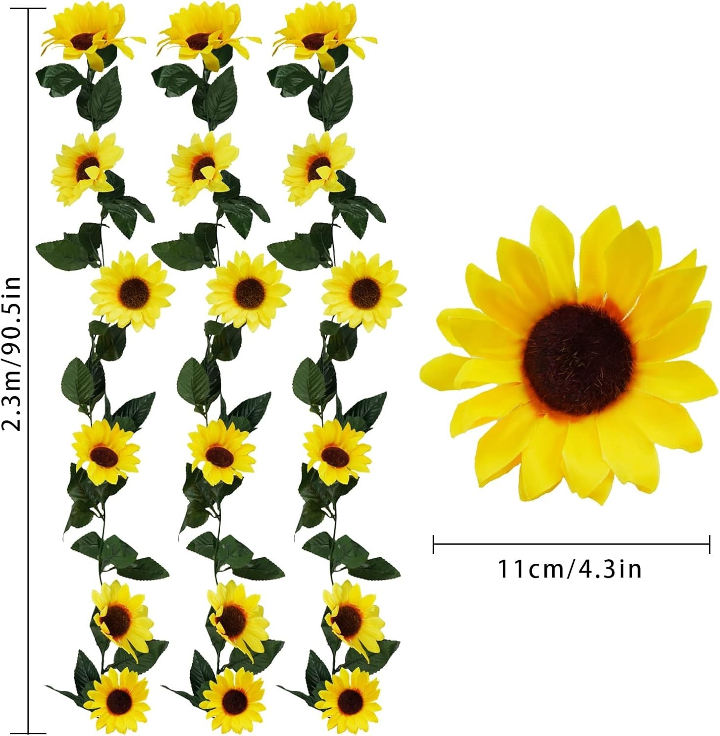 Artificial Sunflower Garland 3 Pack 7.5ft Silk Flowers with Green Leaves