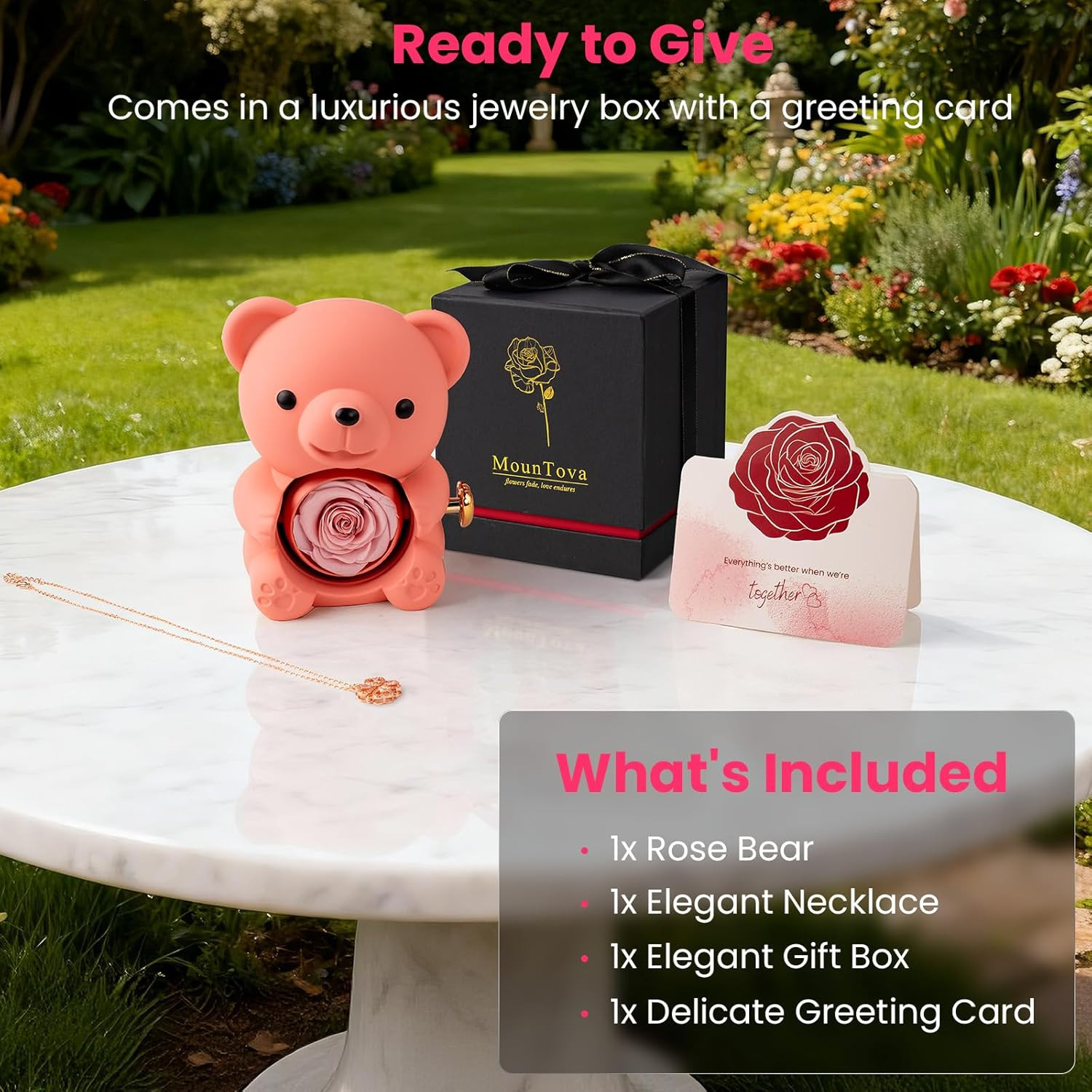 Teddy Bear with Preserved Rose Flower in Bear with Necklace and Box, Unique Moth