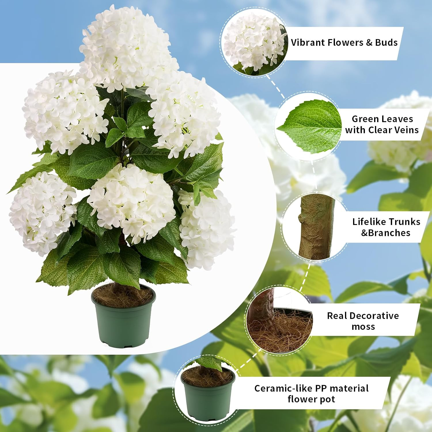 Faux Hydrangea Tree – 30 Inch Hydrangea Tree Artificial with White Flowers, UV R