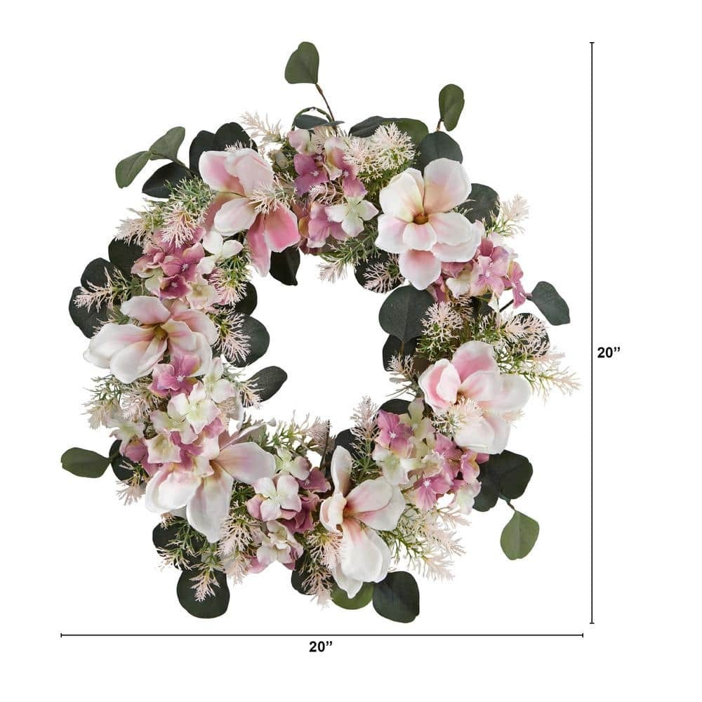 Nearly Natural Artificial Wreath 20″Dia Hydrangea Magnolia Pink Silk Flowers