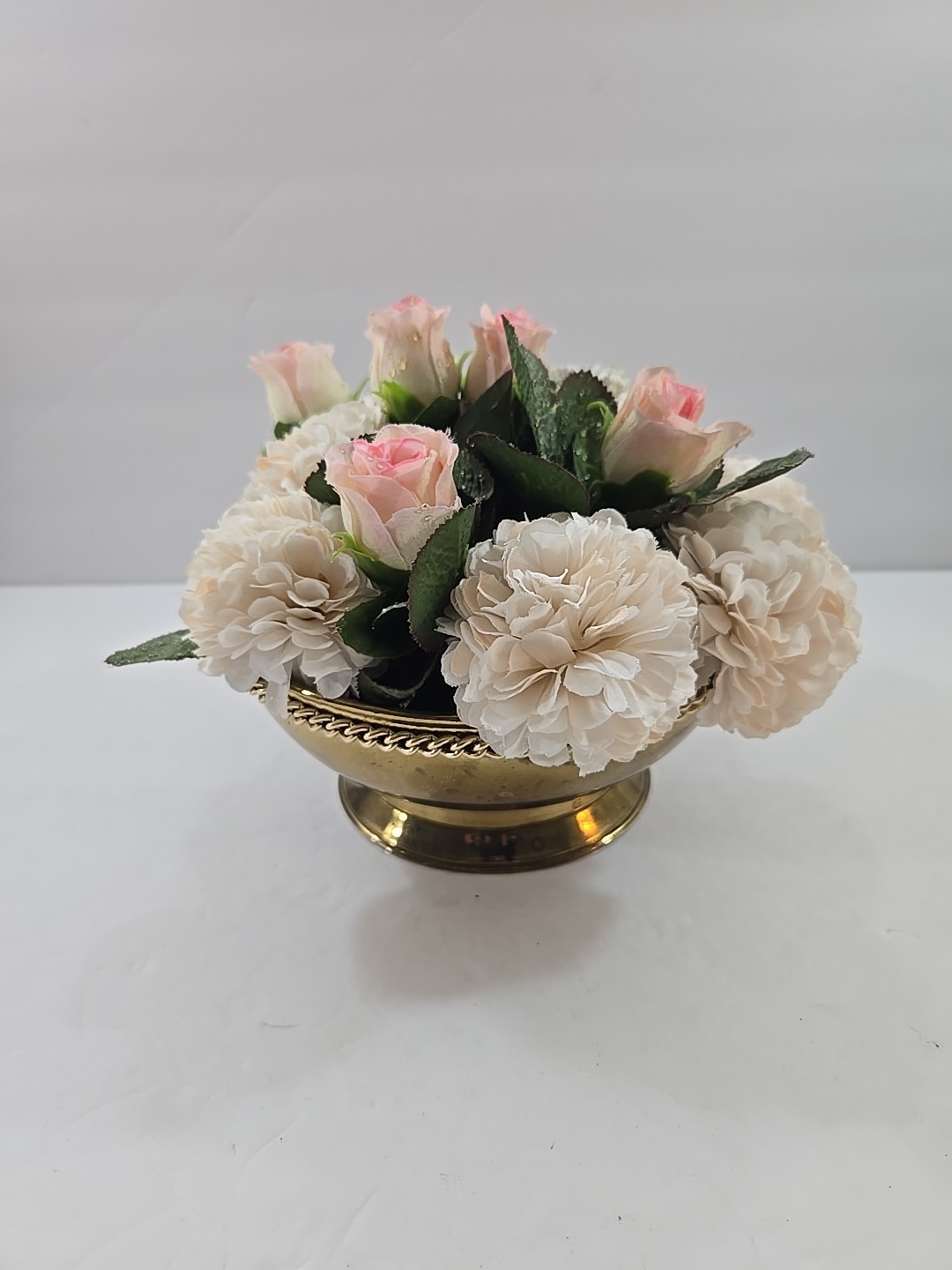Vintage Silk Floral Arrangement in Footed Brass Planter Pot England 7″