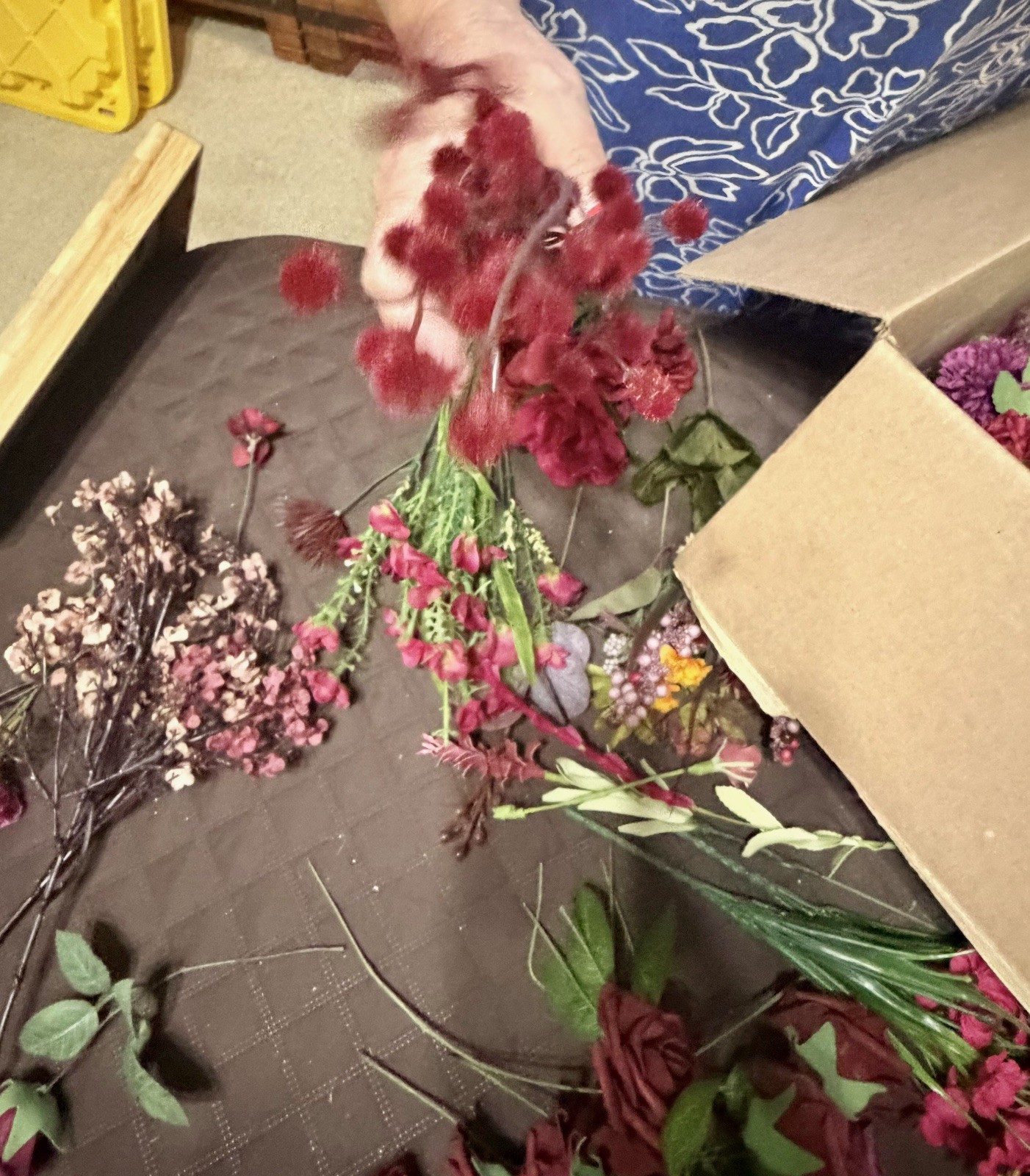 Large Lot / Box of Miscellaneous Artificial Silk Flowers – Burgundy Shades