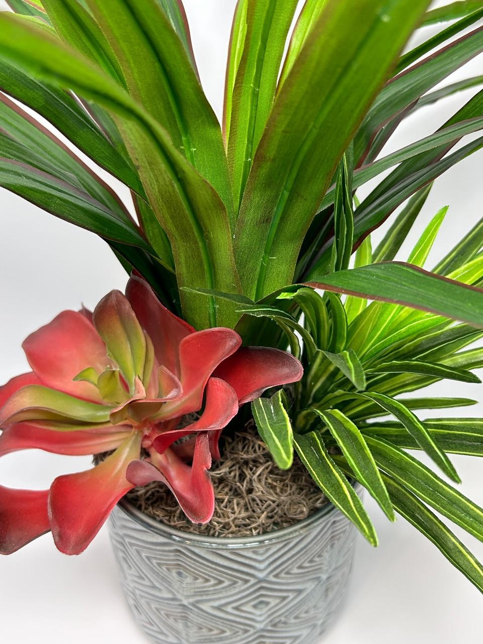 20″ Lg Faux Green-Red YUCCA Silk plant, Red Kalanchoe, Dracaena in Ceramic blue-
