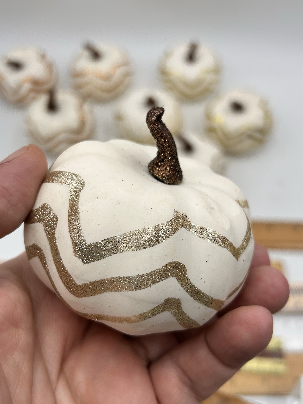 Artificial Faux Pumpkins, 8 PCS White Lifelike Zig Zag Gold/Bronze Paint Glitter