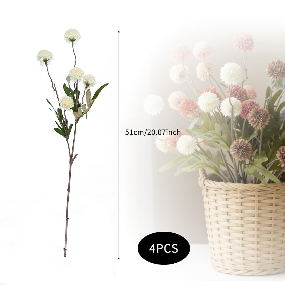 Artificial Pompon Mum Stems Silk Home Decor White 20 Inch Set of 4