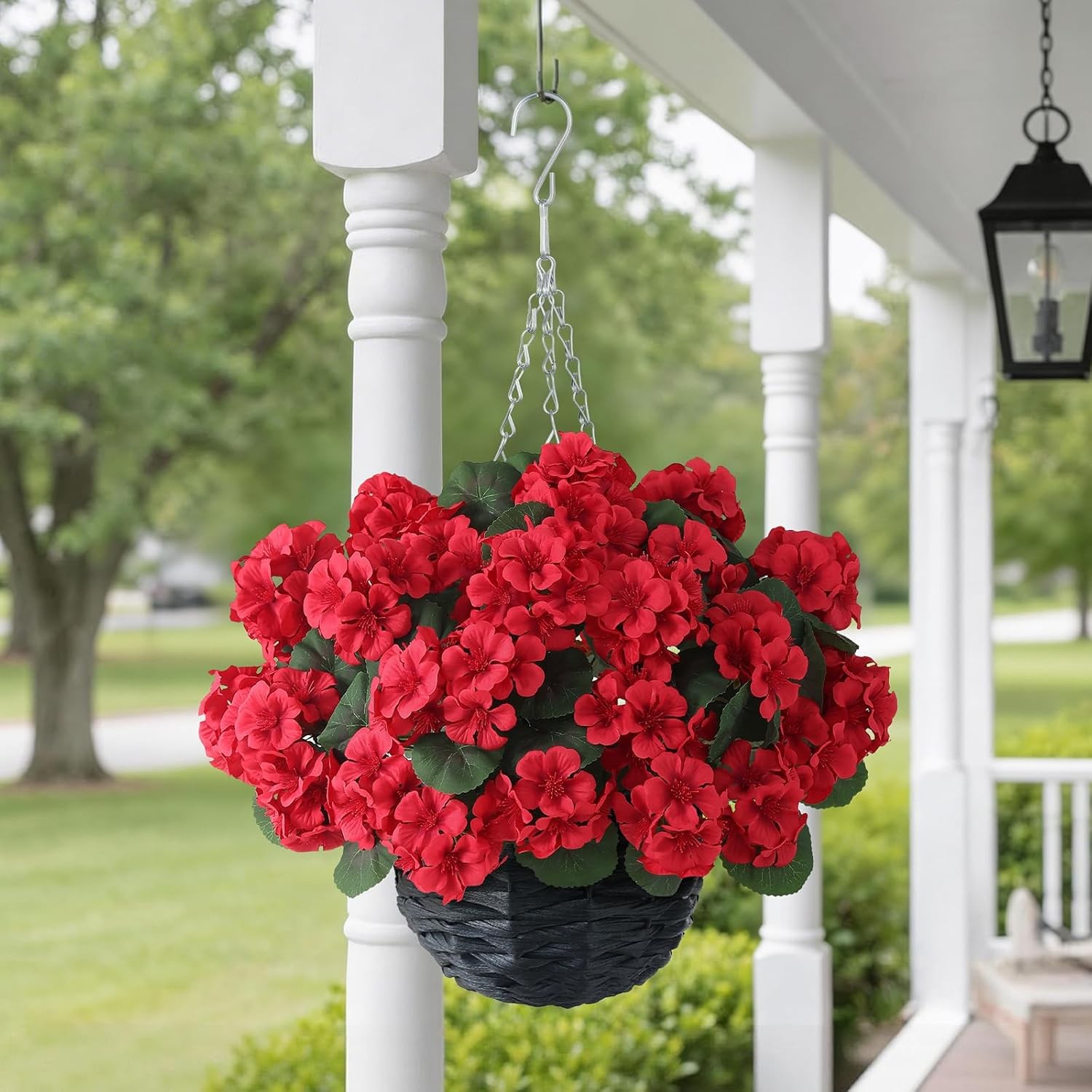 2 Set Artificial Geraniums Flowers with Hanging Baskets for Outdoors – Sun Resis