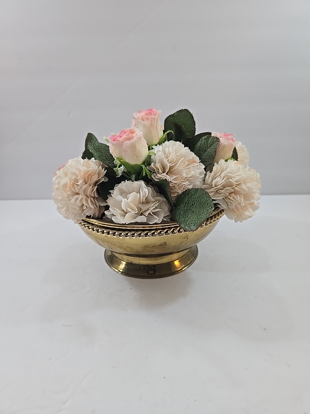 Vintage Silk Floral Arrangement in Footed Brass Planter Pot England 7″