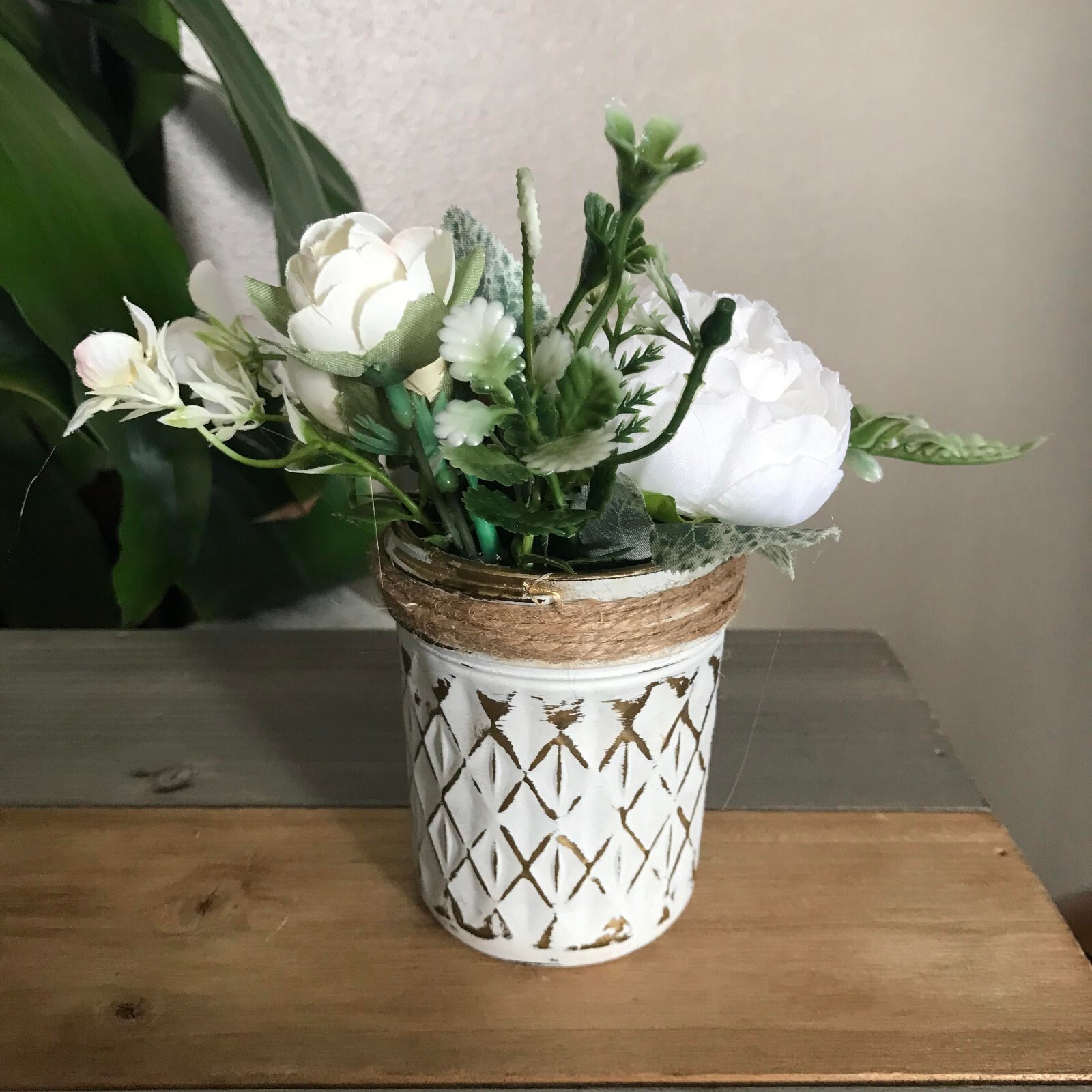 Handmade Floral Arrangement in Distressed White and Metallic Gold Jar