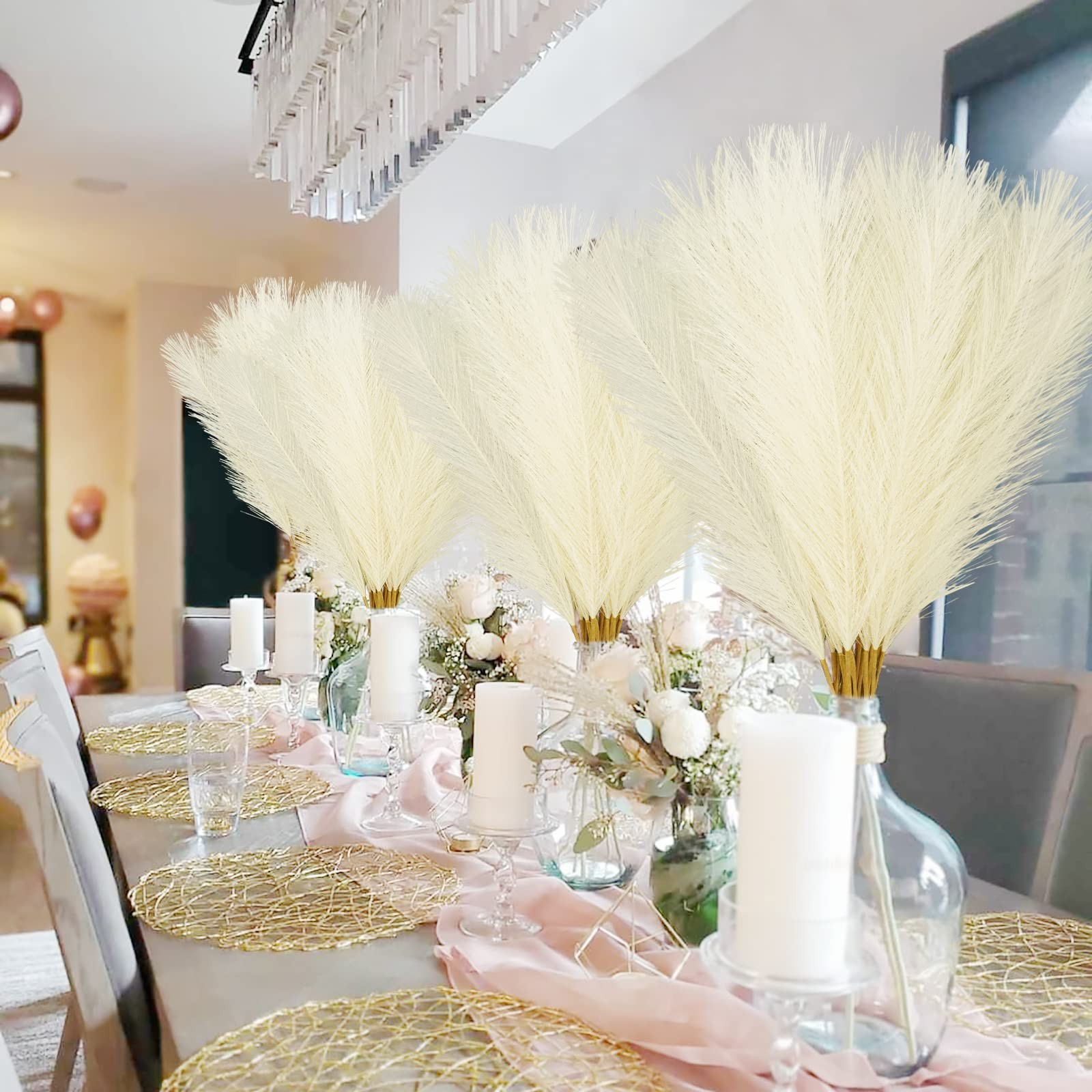 50PCS Faux Pampas Grass, 21.6″ Short Artificial Pompous Grass Floral Fake Pom…