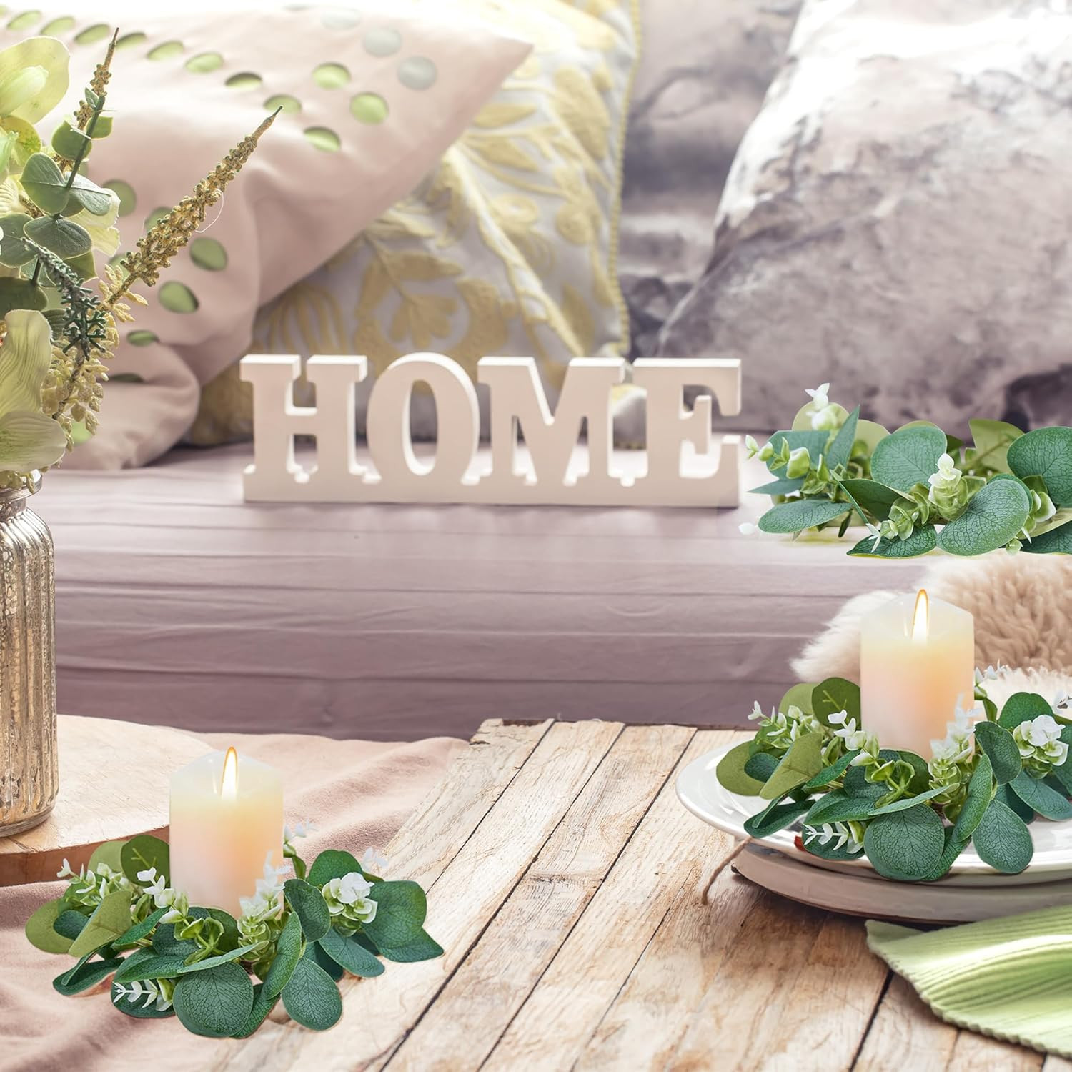20Pcs Eucalyptus Candle Rings Wreaths, 11″ Greenery Decor for Home & Events