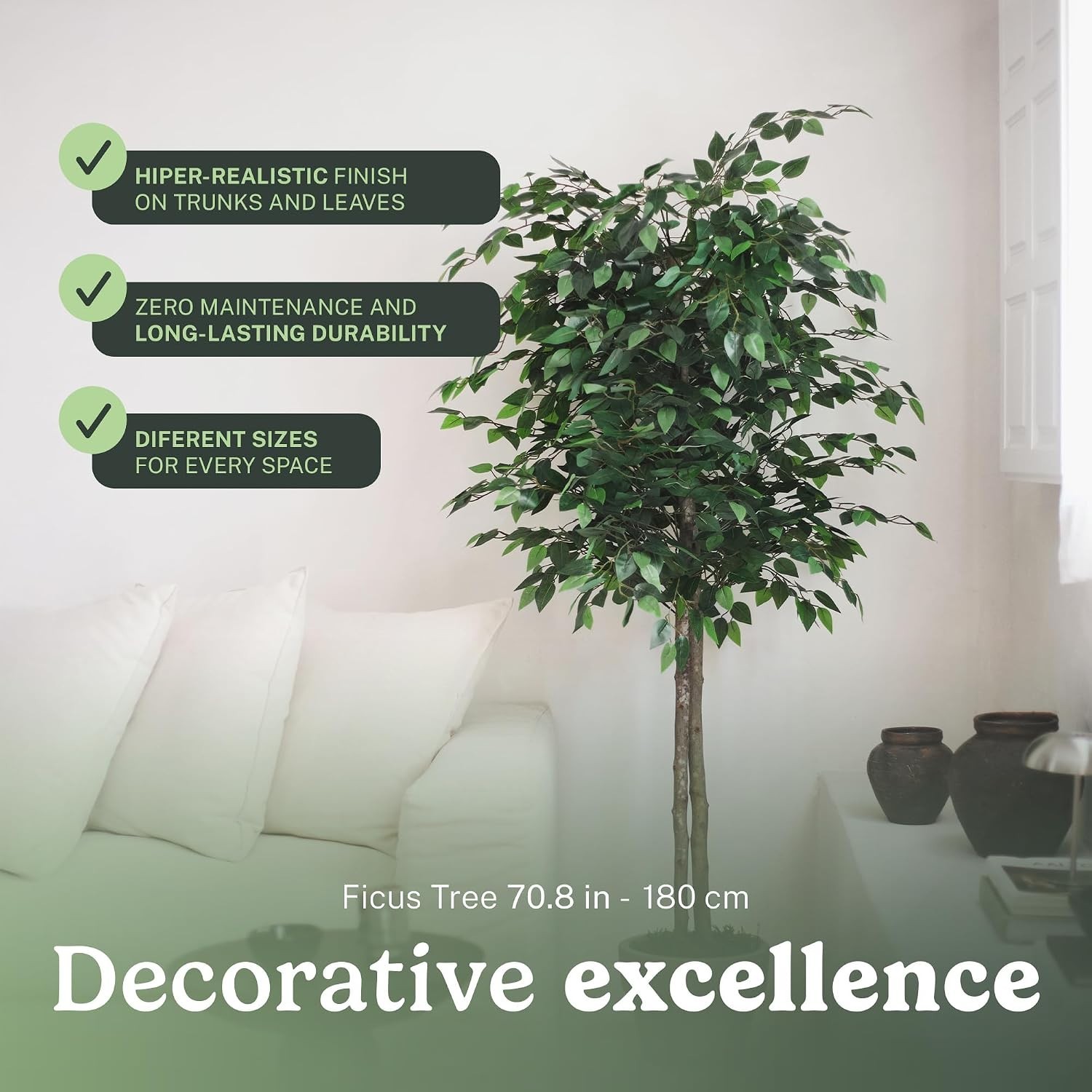 Tall Faux Ficus Plants 6ft Pre Potted with Wood Chips for Home and Office Decor