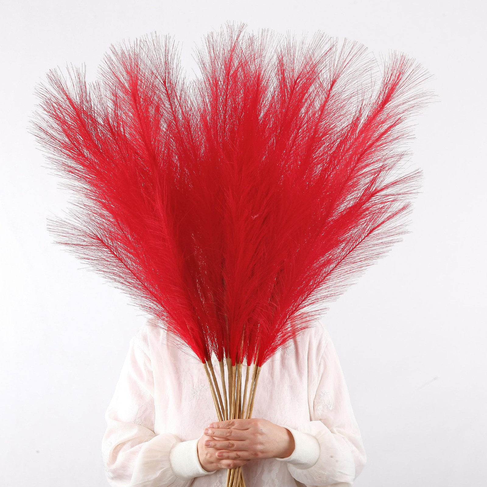 12 Pcs Red Faux Pampas Grass Decor 38″/3.1FT Tall Fake Pompas Floral Large Ar…