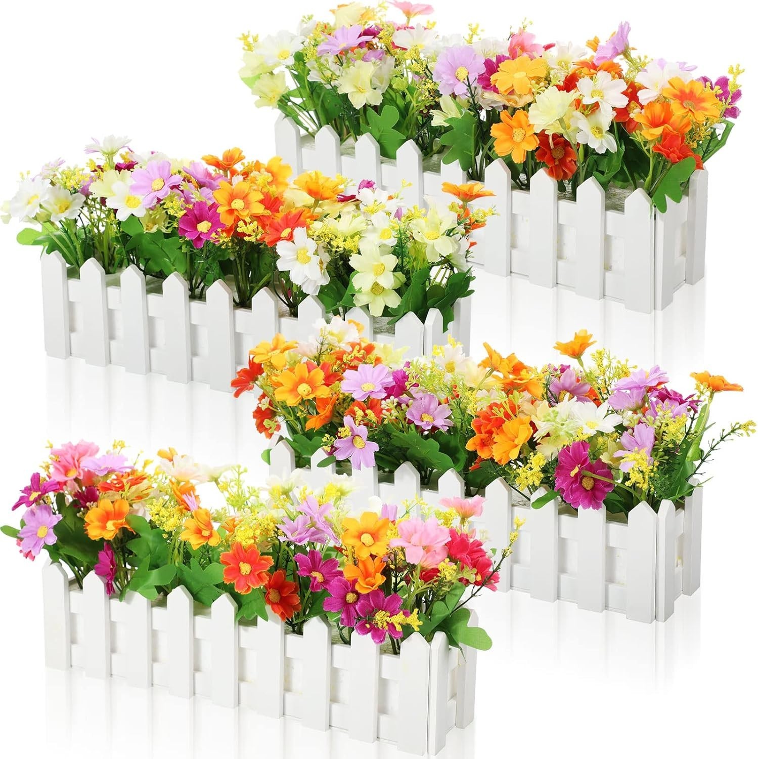 4 Sets Artificial Flower Plants in Pots Fake Daisies in Picket Fence for Outdoor