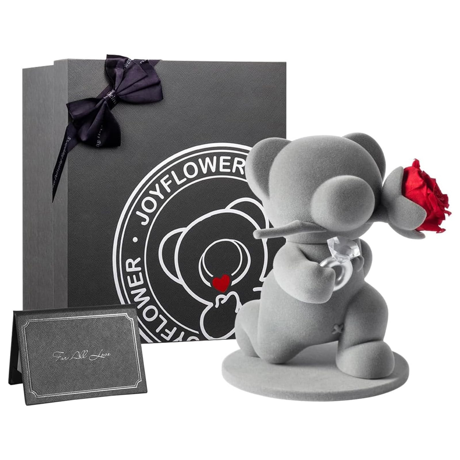 JoyFlower Cute Teddy Bear with Preserved Flowers, Eternal Real Red Rose with