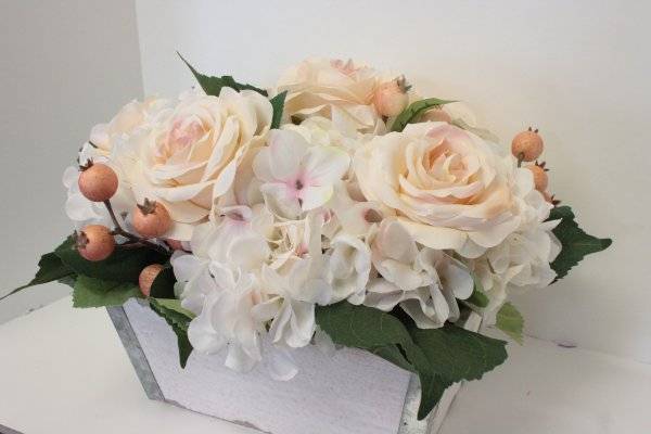 Shabby Cottage Chic Rose Flower Arrangement Silk Roses Hydrangea Flower Box
