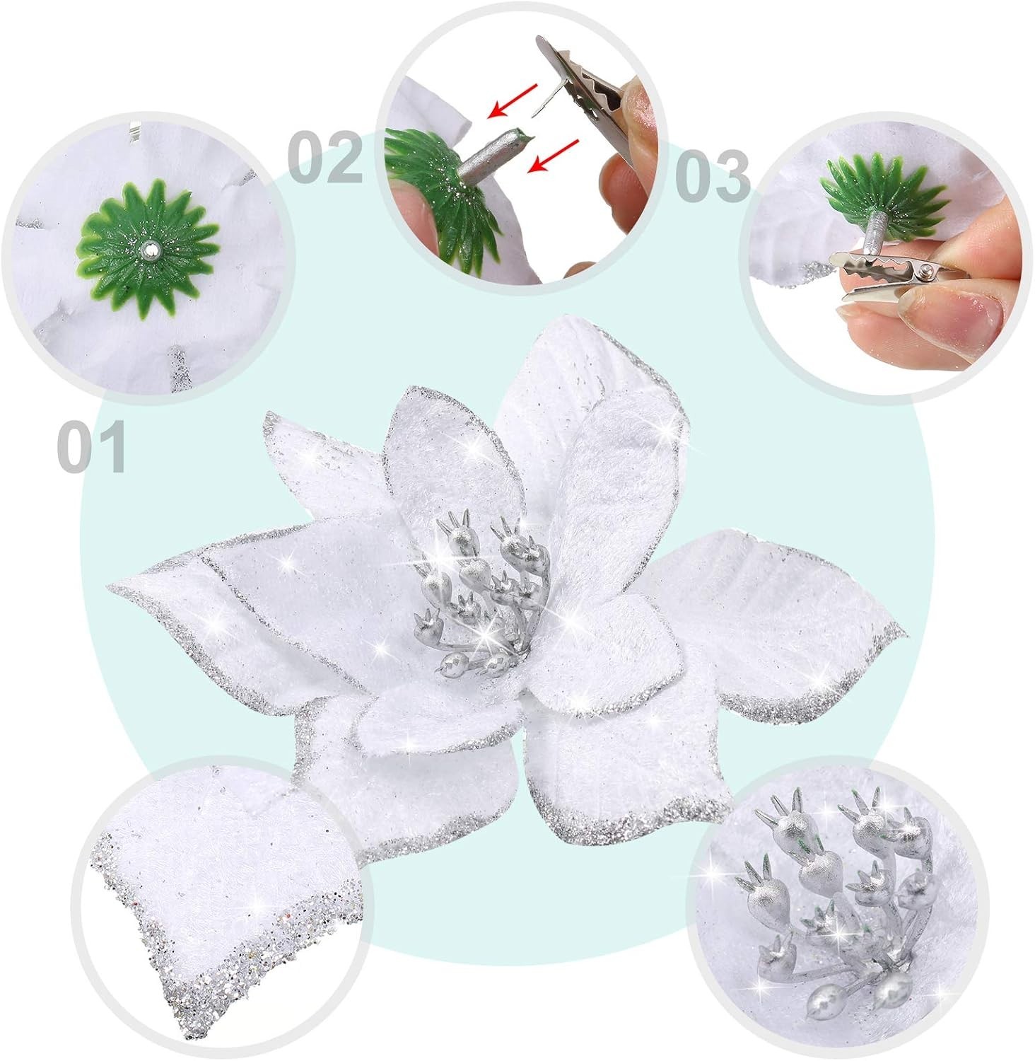 36 Pcs 3 Size Christmas Poinsettia Christmas Tree Flowers Glitter Faux Flower…