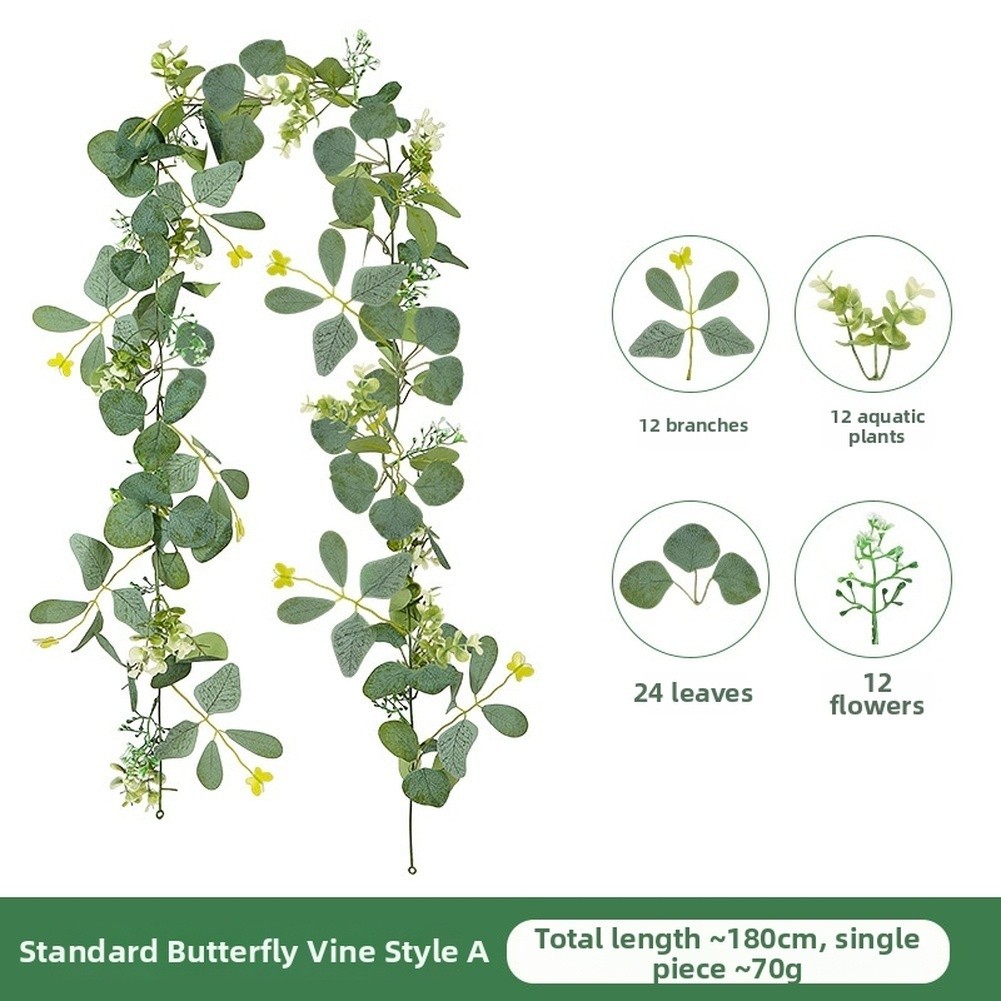 180cm Faux Eucalyptus Vine Garland with Butterfly Motifs for Rattan Style Decor