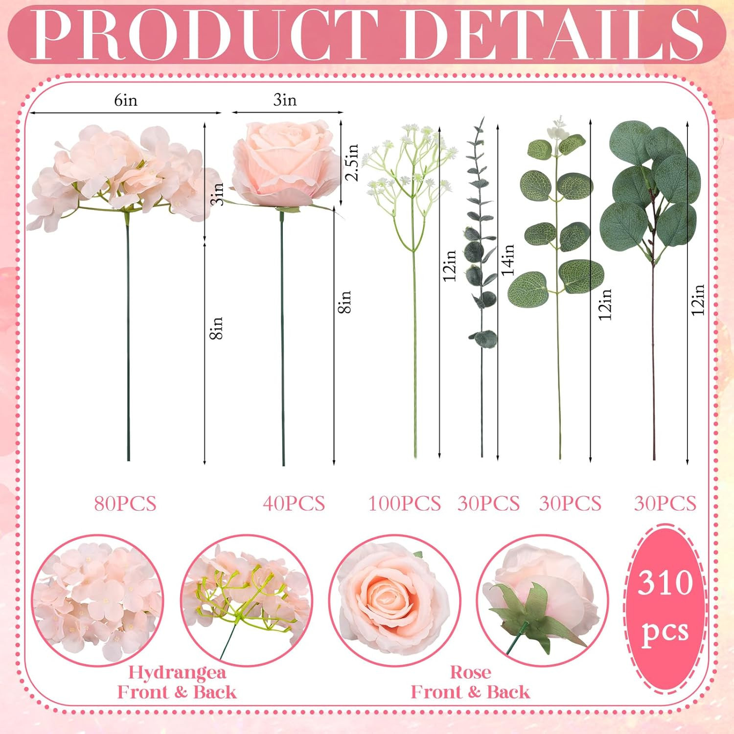 310 Pcs Pink Artificial Rose & Hydrangea Bouquet for Wedding Decor