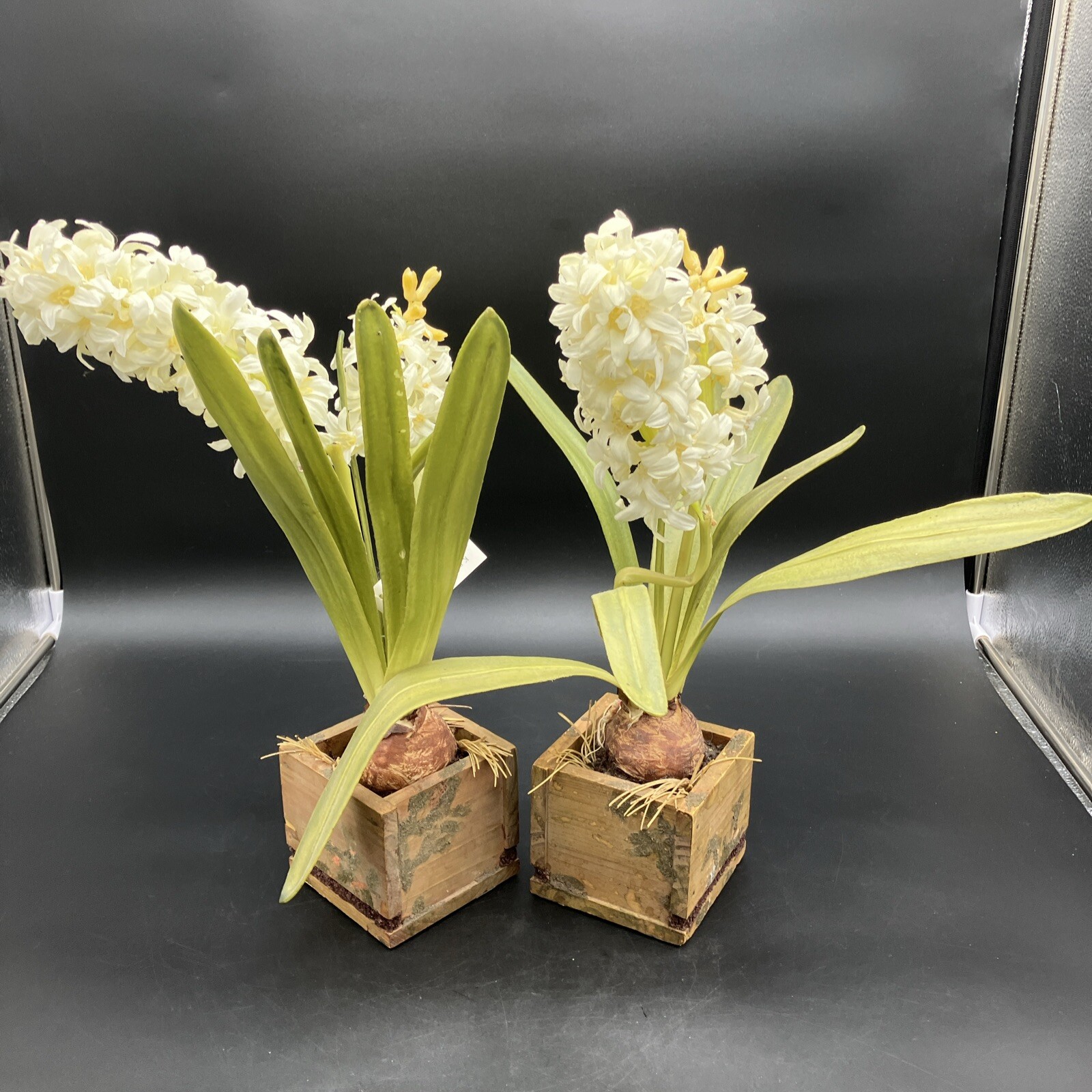 PAIR Faux Hyancinth Bulb And Stem WOOD Planter. Large. Nice.