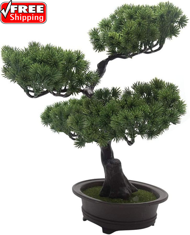 Artificial Bonsai Pine Tree, 11Inch Faux Potted Plant Desk Display Fake Tree Pot