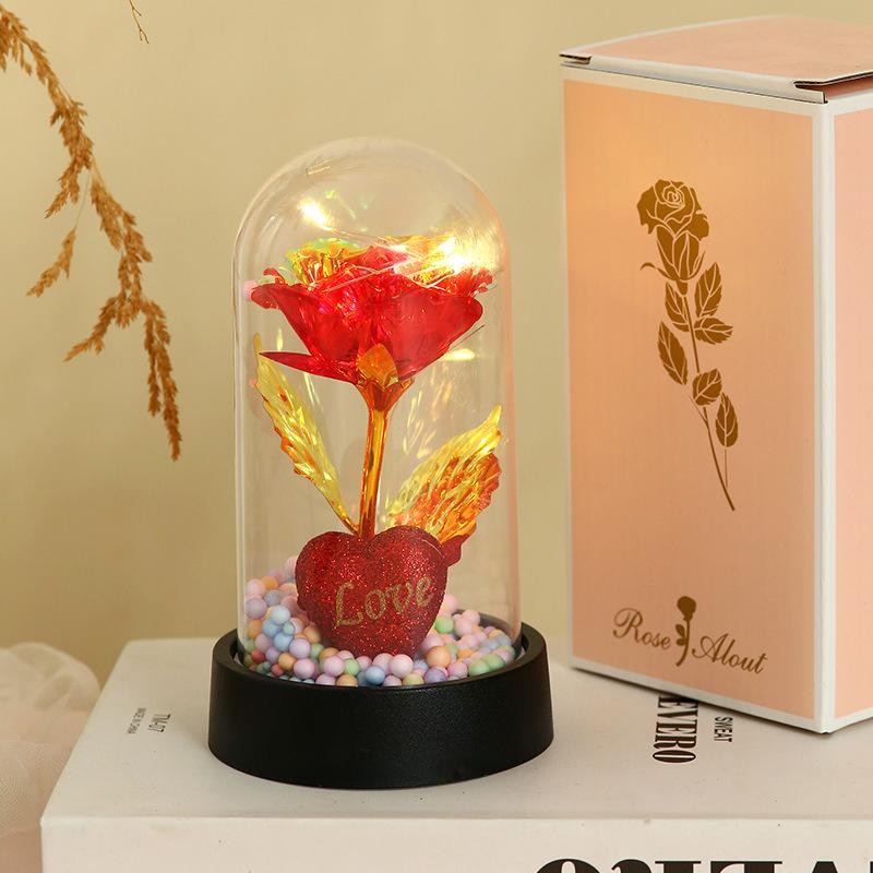 Golden Foil Flower with Lamp Eternal Rose Night Light Simulation Rose Desktop De