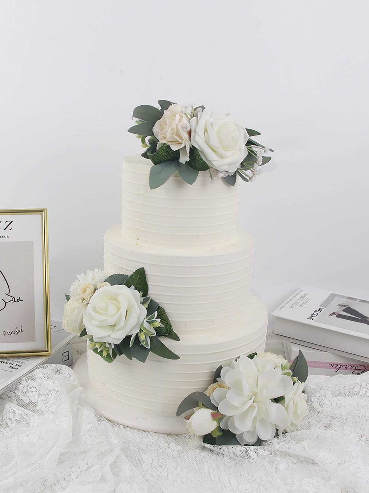 3Pcs Pre-made Cake Flowers Toppers White Green Cake Decorations Wedding Cake …