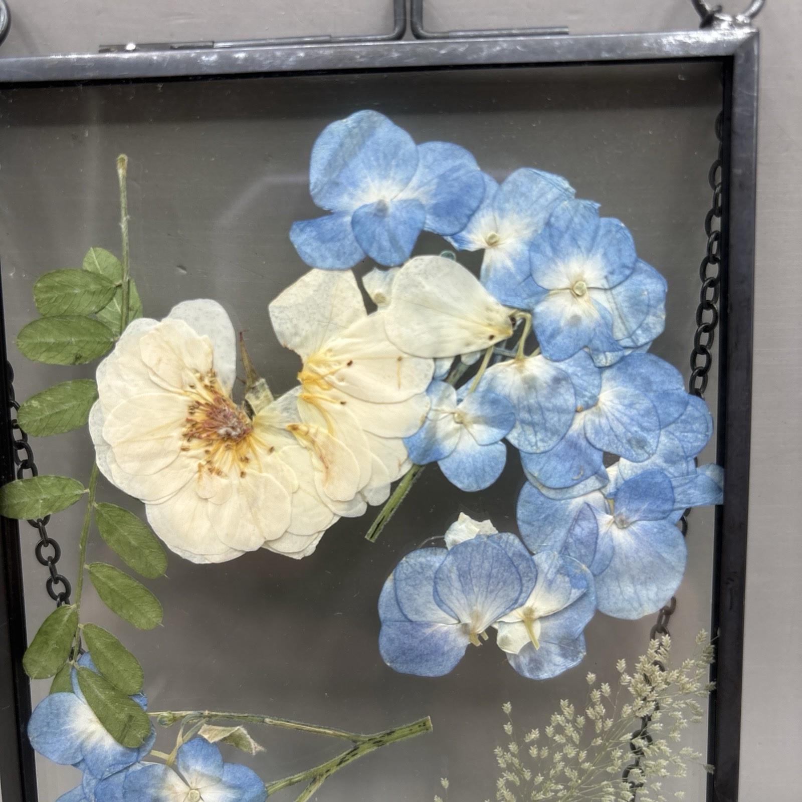 Vintage Lasting Impressions Real Dried Pressed Flowers In Glass W/ Metal Frame