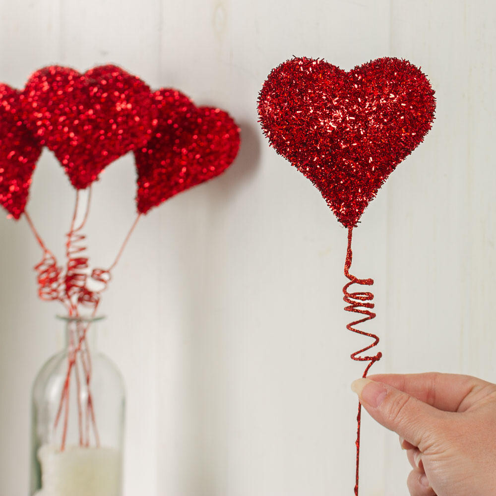 Package of 6 Red Tinsel Foam Valentine’s Day Heart 14″ Tall Picks