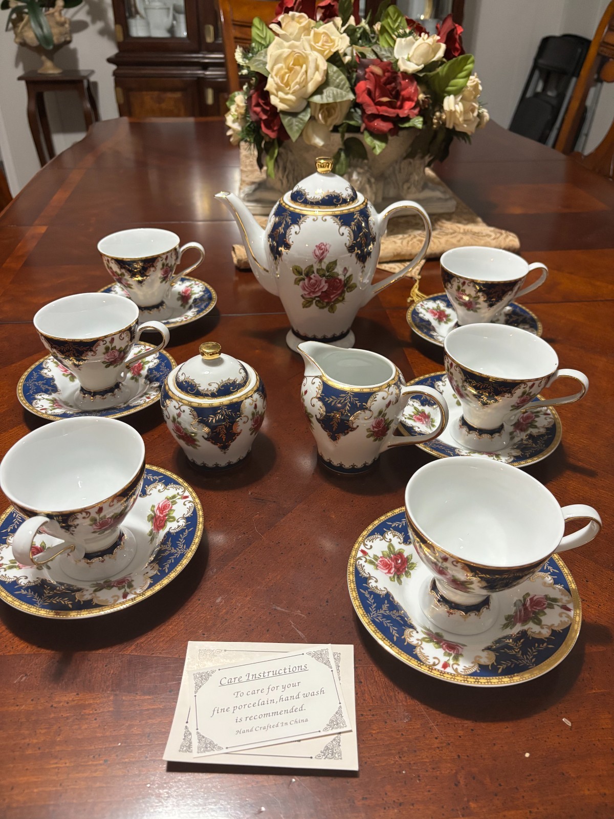 Sorelle Fine Porcelain Hand Crafted dark blue gold pink tea set 17 pcs
