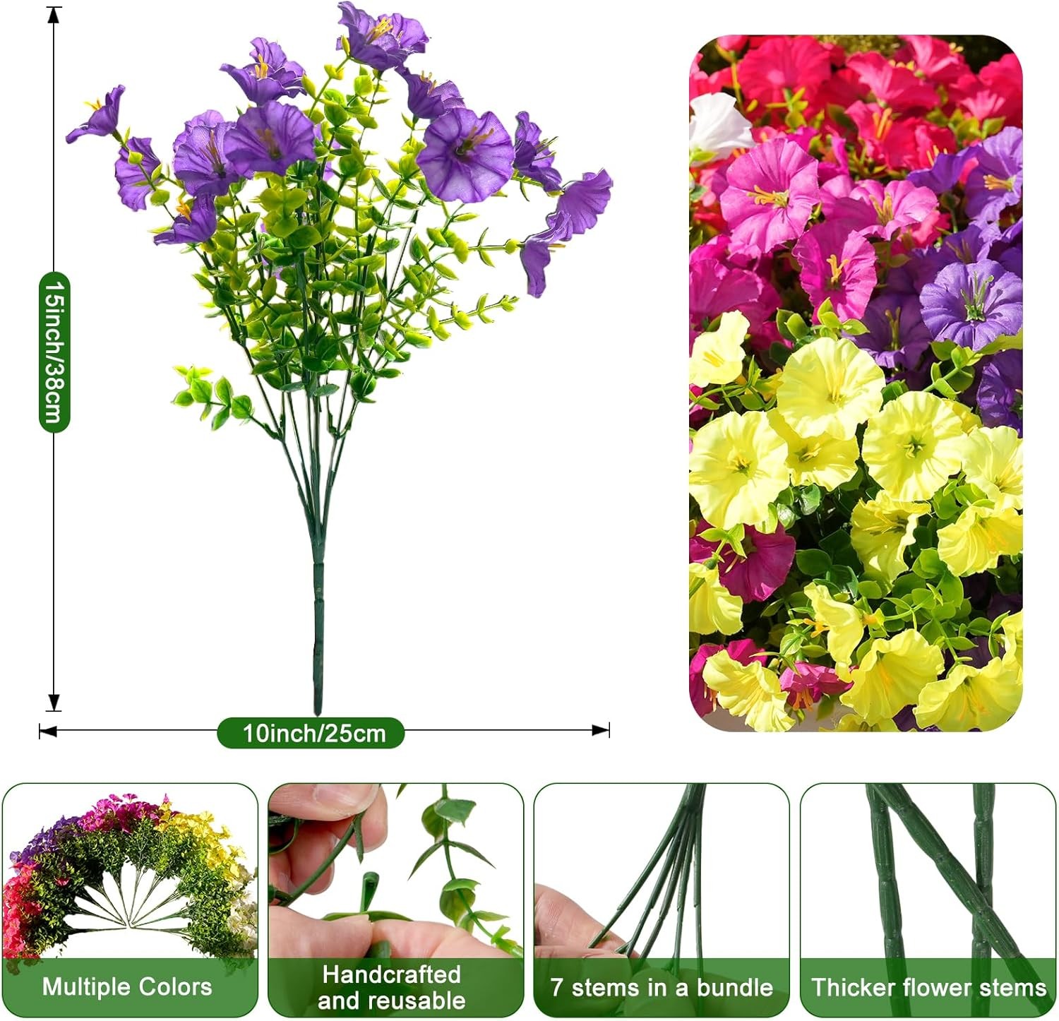 6/10x Artificial Flowers Fake Plants for Outdoors Decoration, Silk Morning Glory