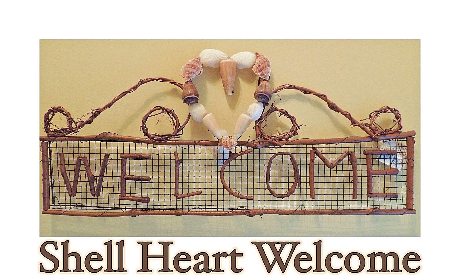 GRAPEVINE & CHICKEN WIRE WELCOME w/ SHELL HEART 11″ X 24″ WALL or DOOR DECOR