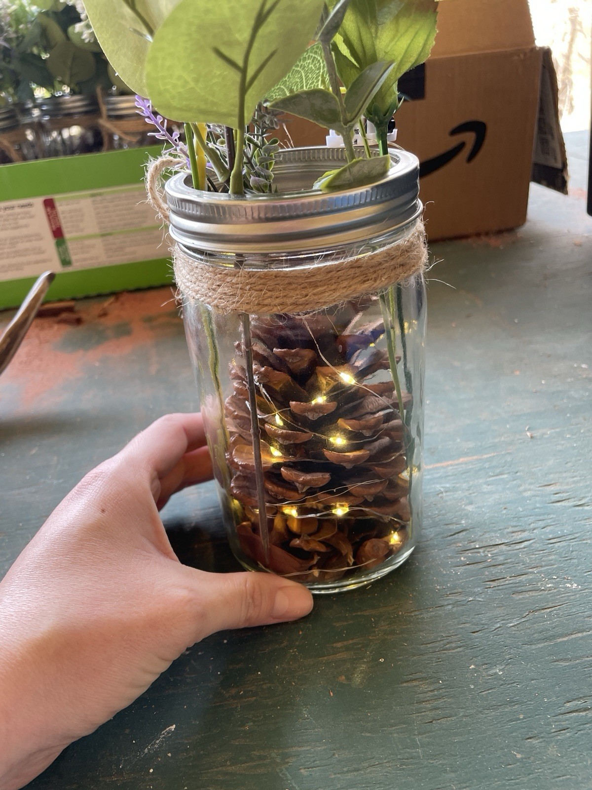 Artificial White Rose Mason Jar Centerpiece w/ Greenery Pinecones