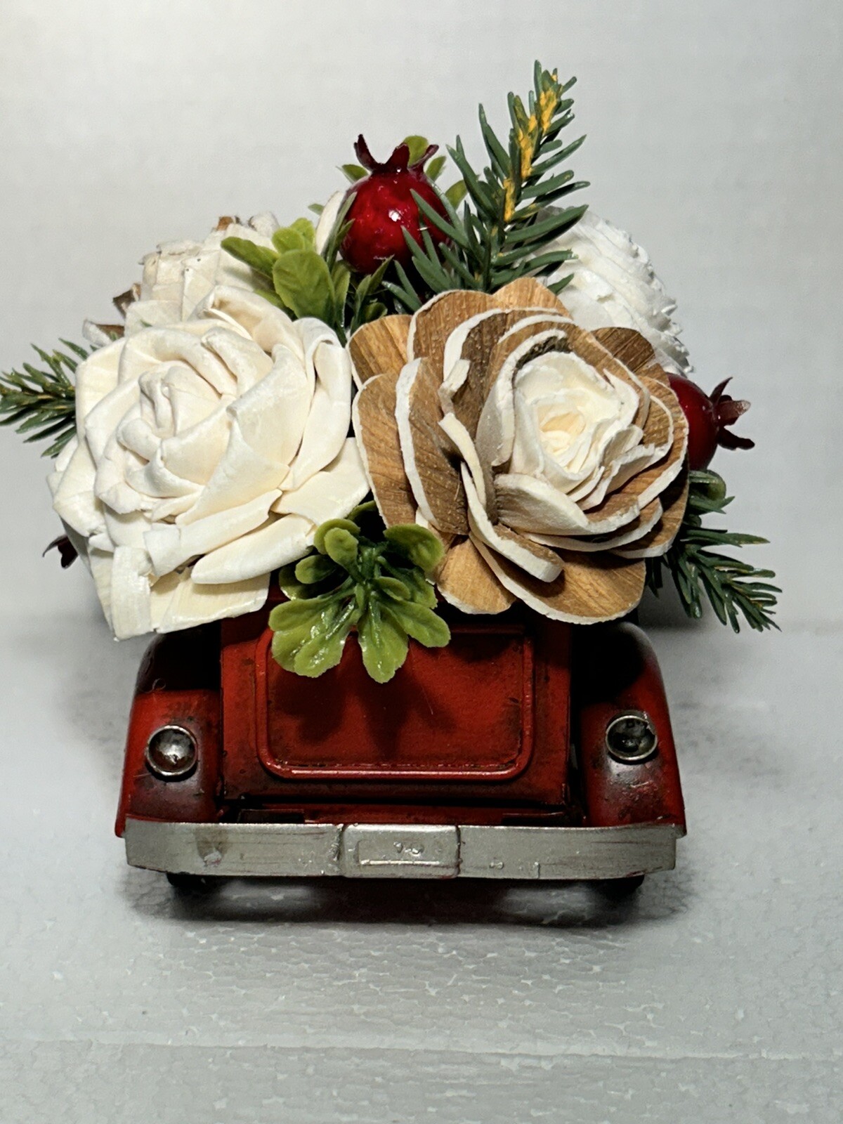 Red Metal Pickup Truck filled with Wood Flowers – home decor, rustic