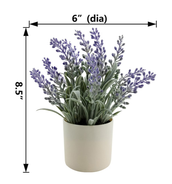 SMALL 8 1/2″ ARTIFICIAL PURPLE LAVENDER FLOWERS IN TEXTURED LITTLE POT W/ LABELS