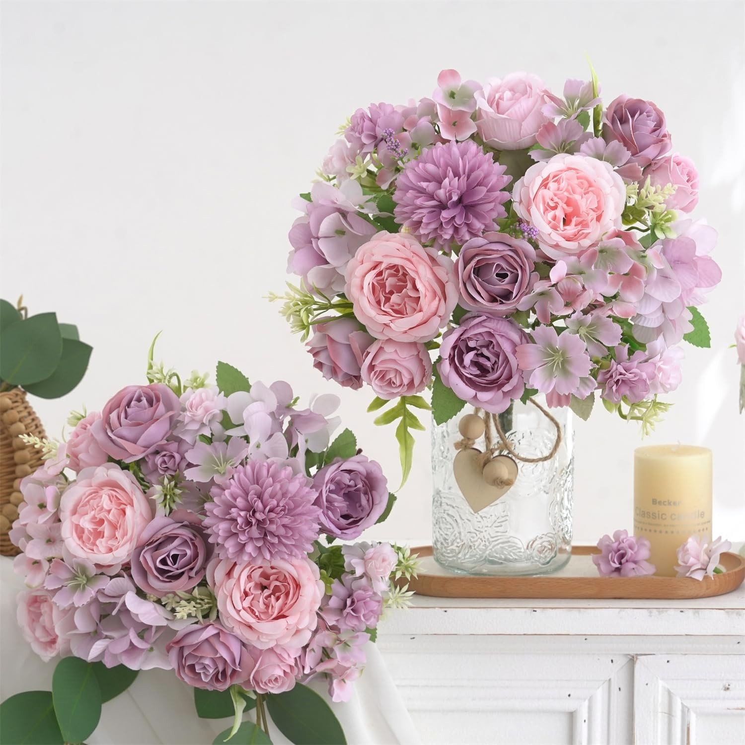 4 Pcs Mixed Artificial Peony Flowers Set-2 Bouquets & 2 Stems, Purple Fake Peony