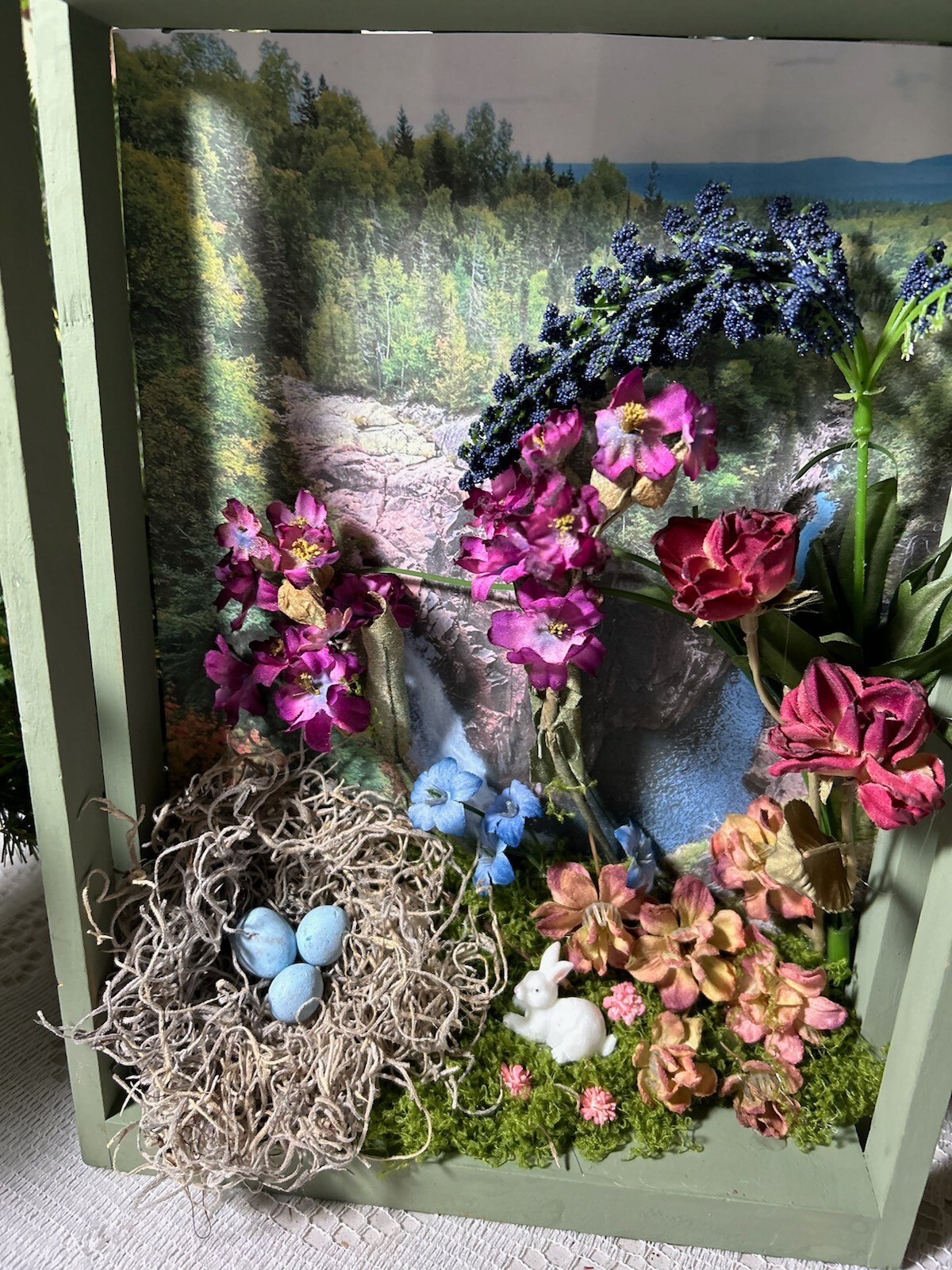 Handmade Nature Diorama Waterfall Birds Nest Dried Flowers