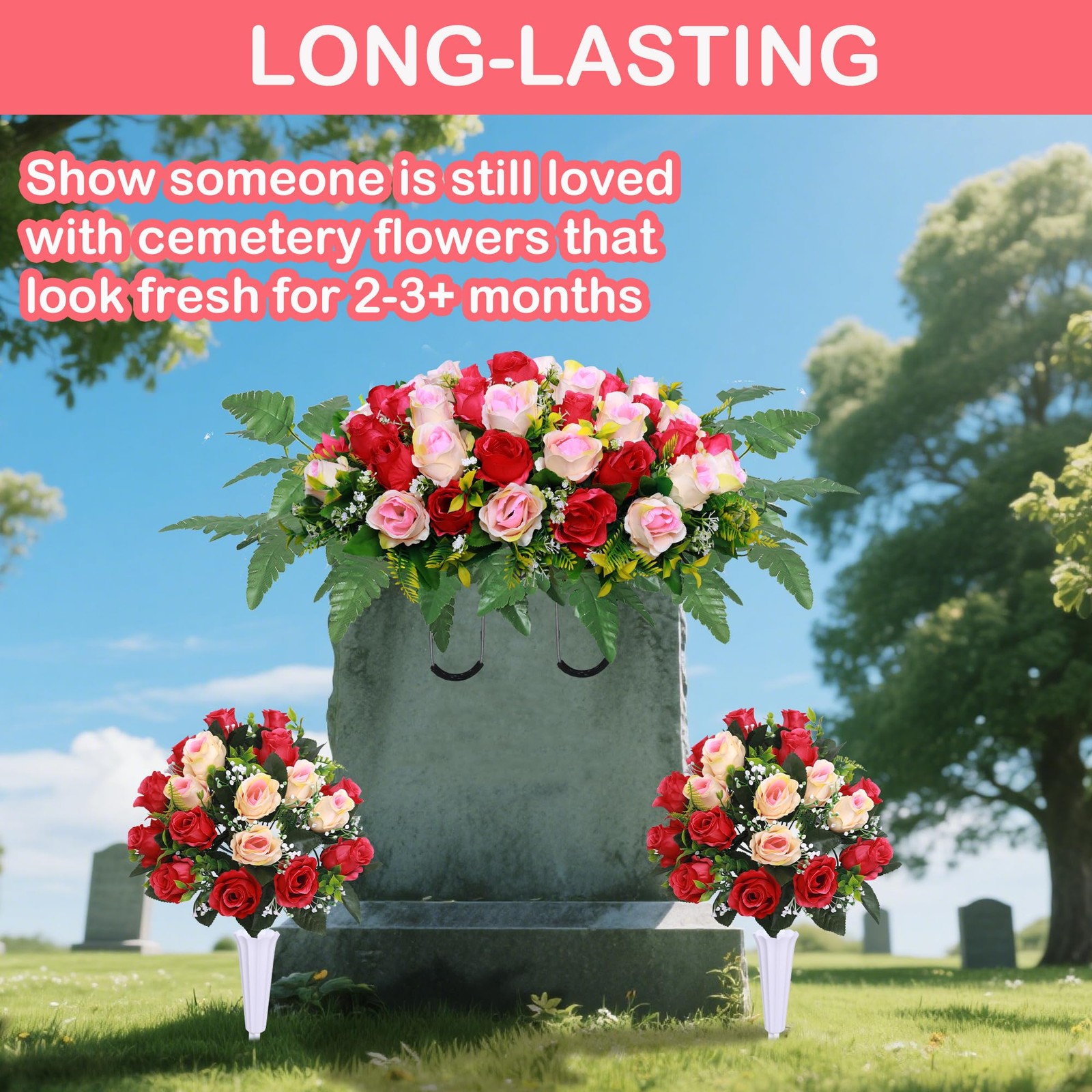 Artificial Cemetery Flower Saddles 3 Pcs Rose Red White Outdoor Memorial Flowers