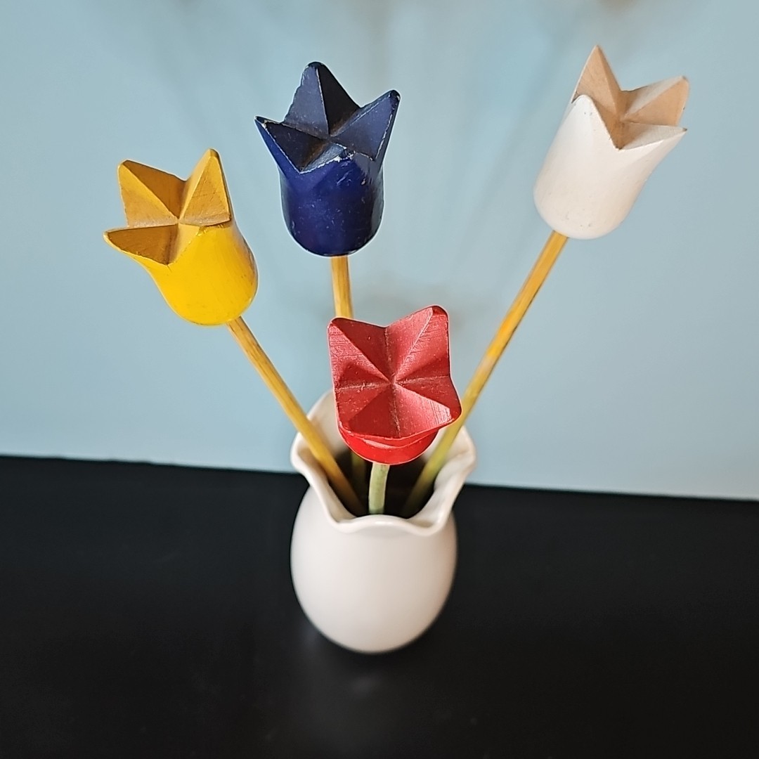 Vintage Sweden Wooden Tulips With Vase Approx 13” Tall