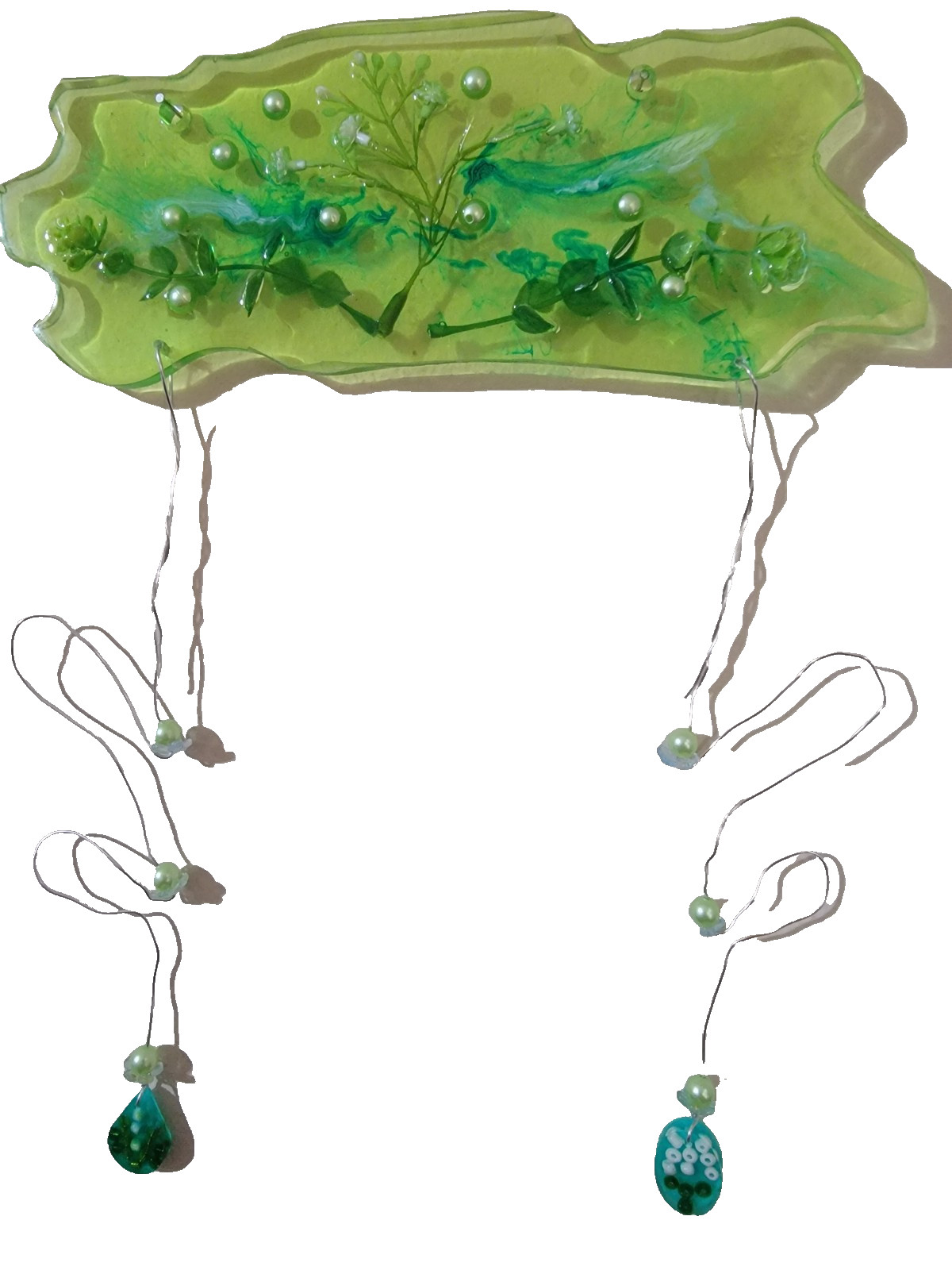 resin artwork wall decor green with bead and flowers 3×12